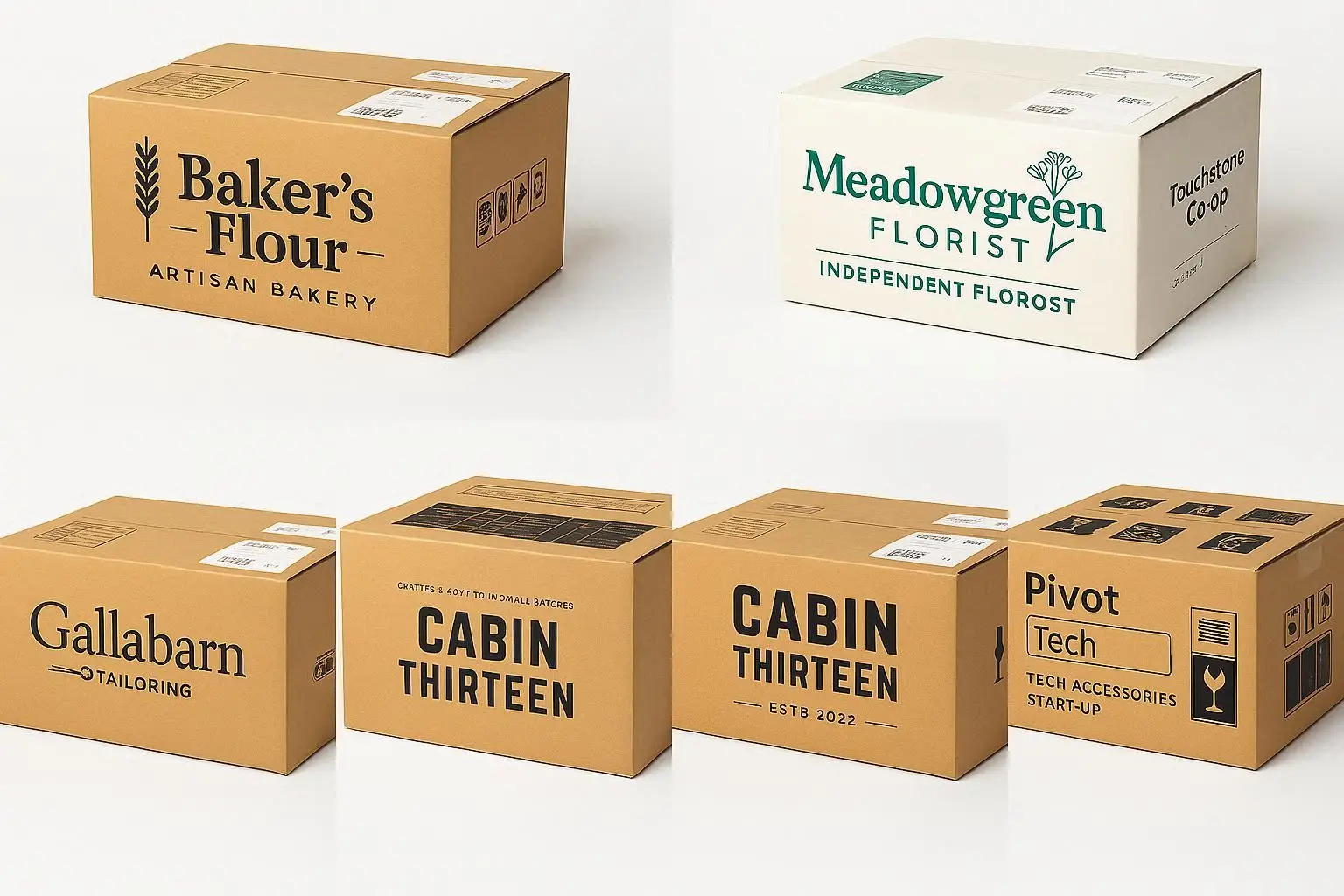 Custom branded cardboard boxes with different UK business logos - Wabs Print