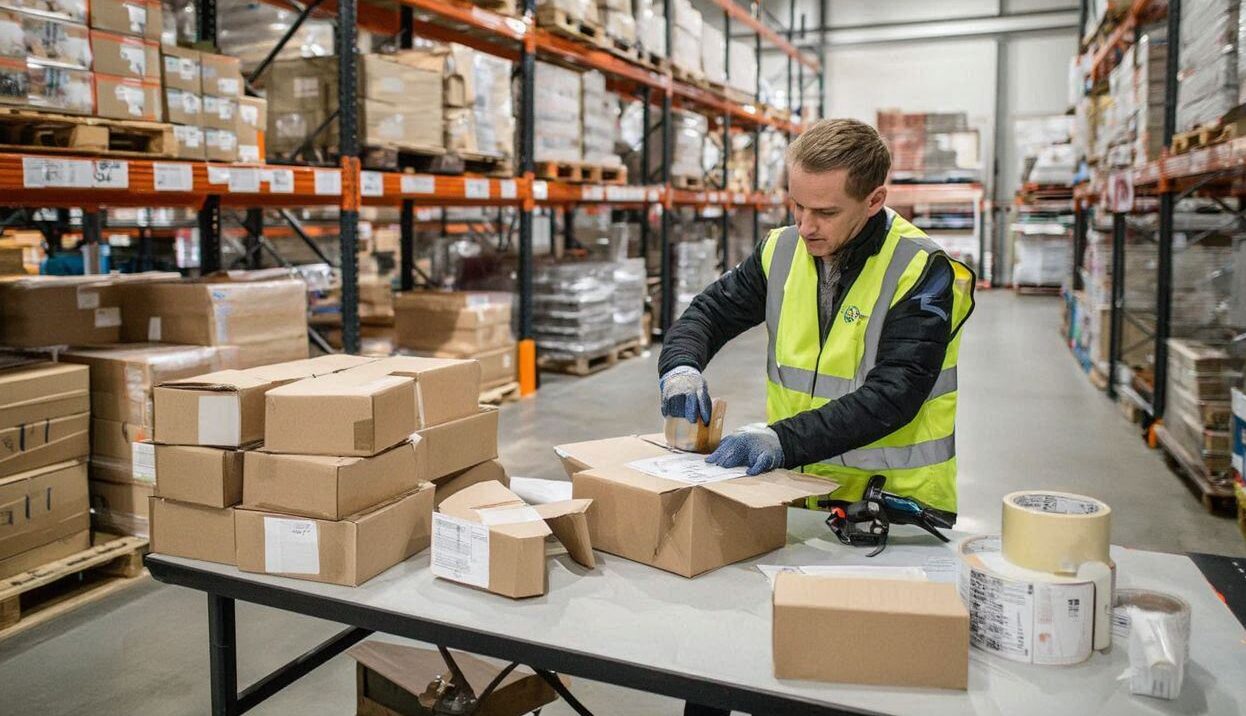 Cardboard boxes in UK warehouse for shipping - Wabs Print