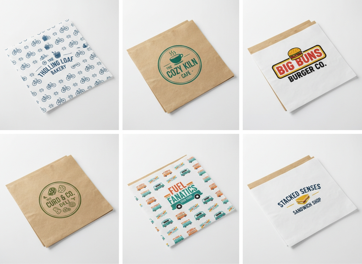 Custom branded greaseproof sheets with different UK business logos printed - Wabs Print
