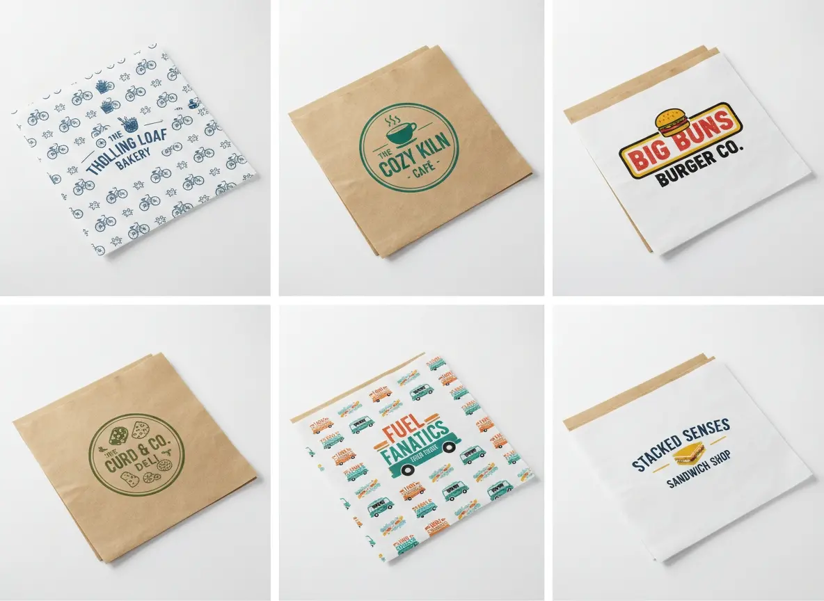 Custom branded greaseproof sheets with different UK business logos printed - Wabs Print