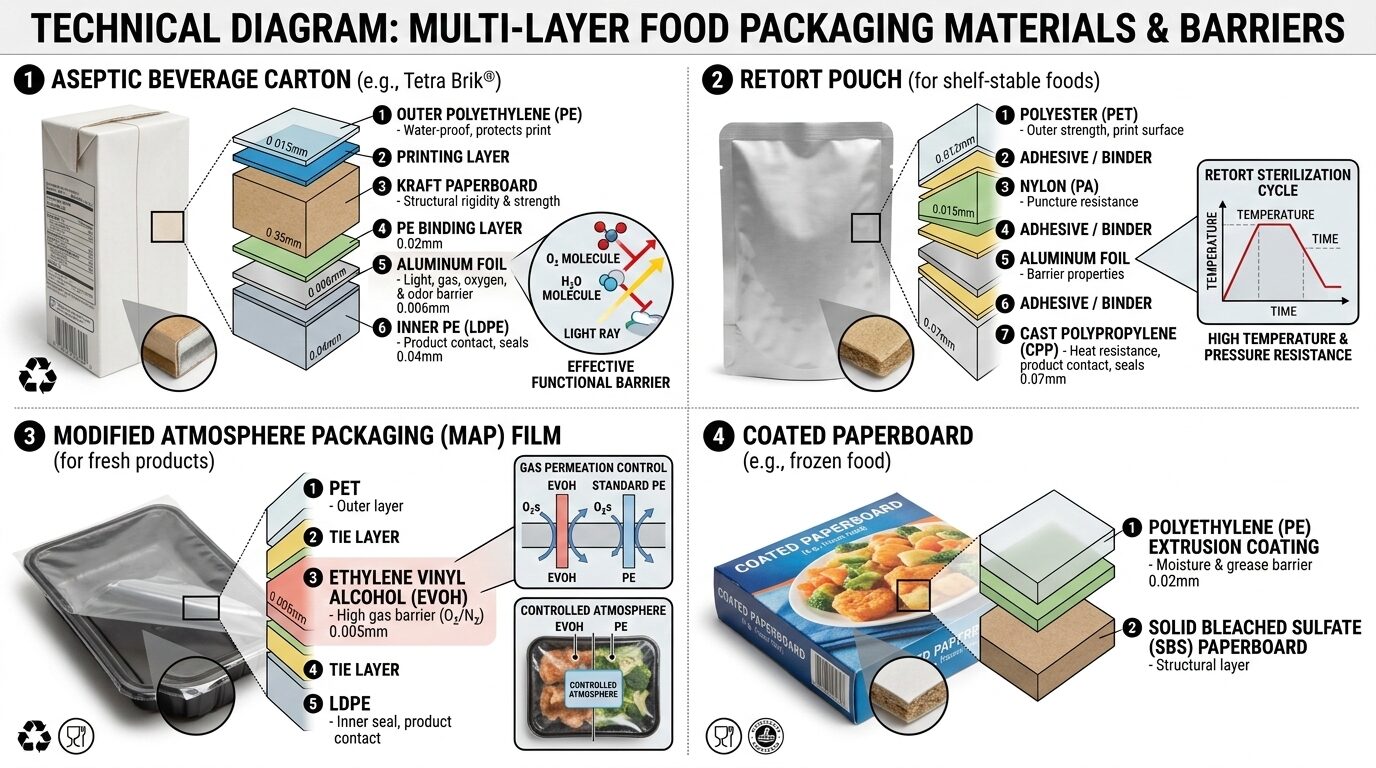 Cross-section diagram showing food packaging material structures and layers - Wabs Print