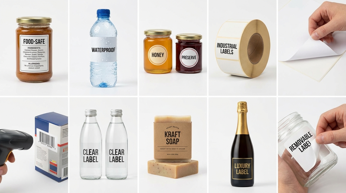 10 Types of Custom Labels UK — food-safe, waterproof, bottle, jar, roll, sheet, clear, kraft, foil, removable - Wabs Print