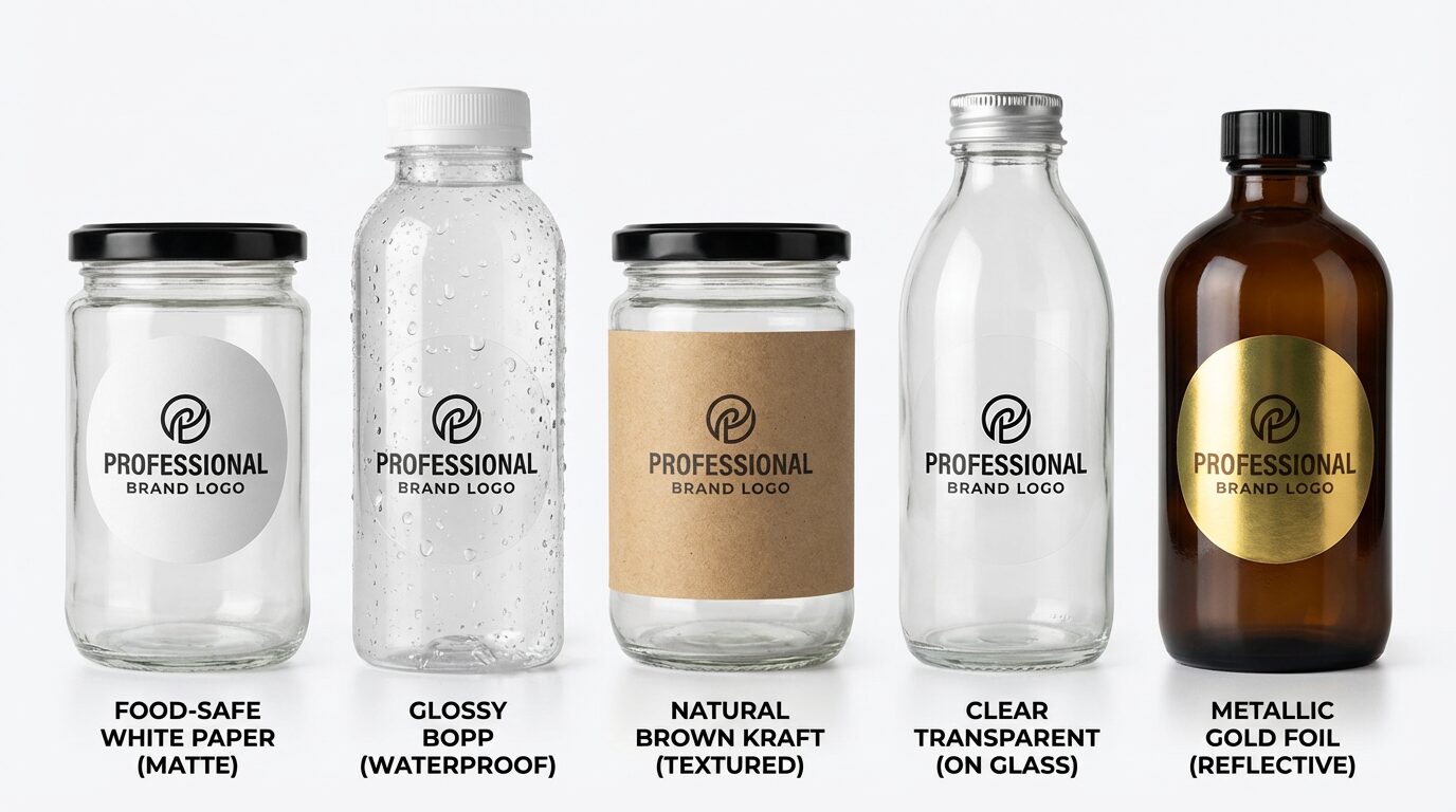 Custom label materials UK comparison — food-safe paper, BOPP waterproof, kraft, clear, metallic foil - Wabs Print