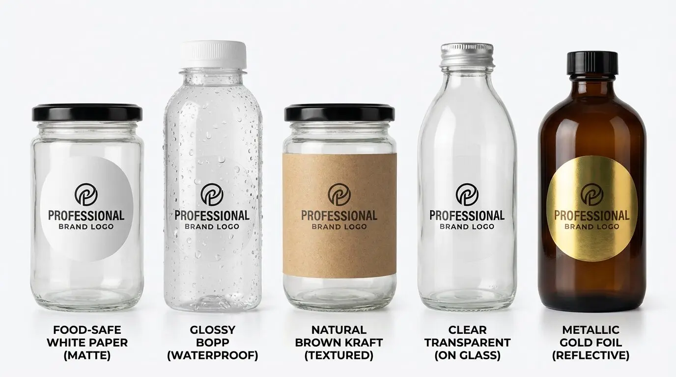 Custom label materials UK comparison — food-safe paper, BOPP waterproof, kraft, clear, metallic foil - Wabs Print