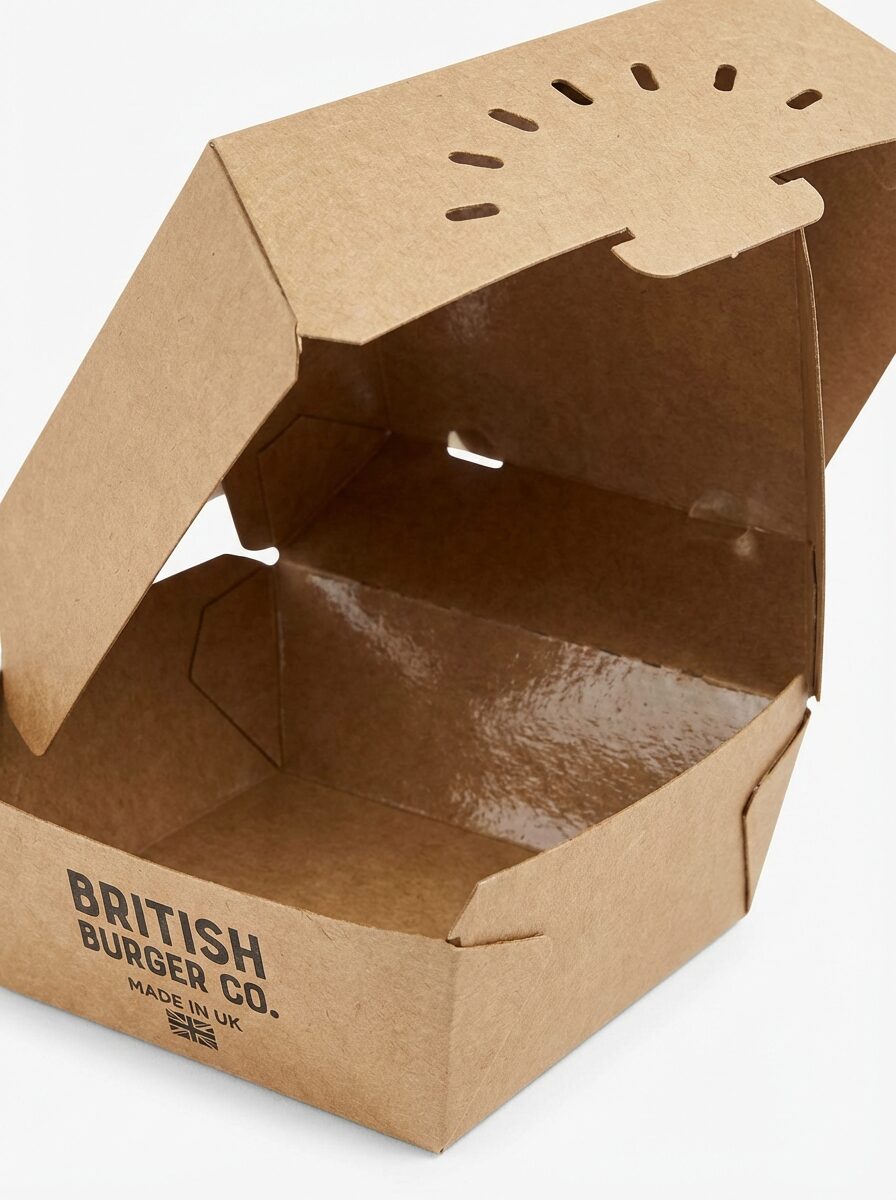 Burger box clamshell design with grease-resistant coating UK - Wabs Print