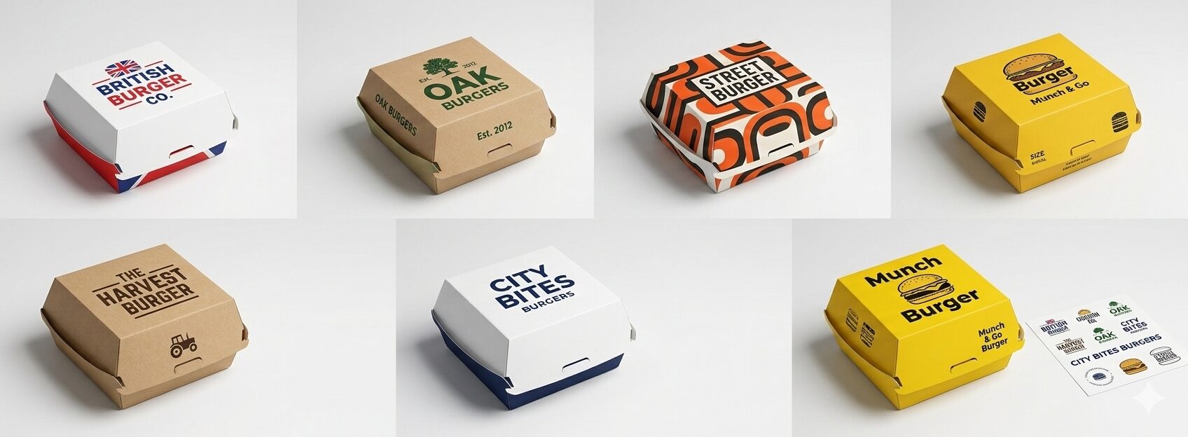 Custom branded burger boxes with UK restaurant logos - Wabs Print