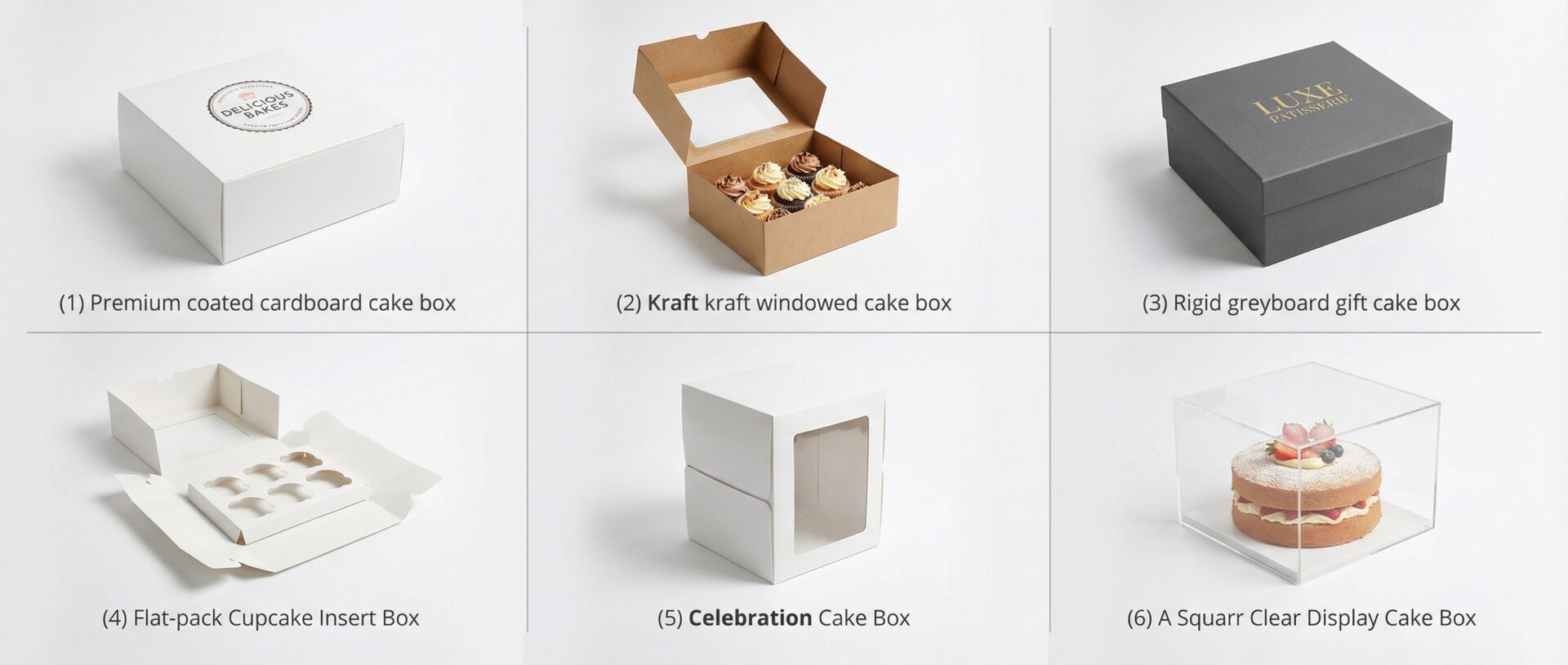 Types of cake boxes UK - white coated, kraft, rigid, windowed - Wabs Print