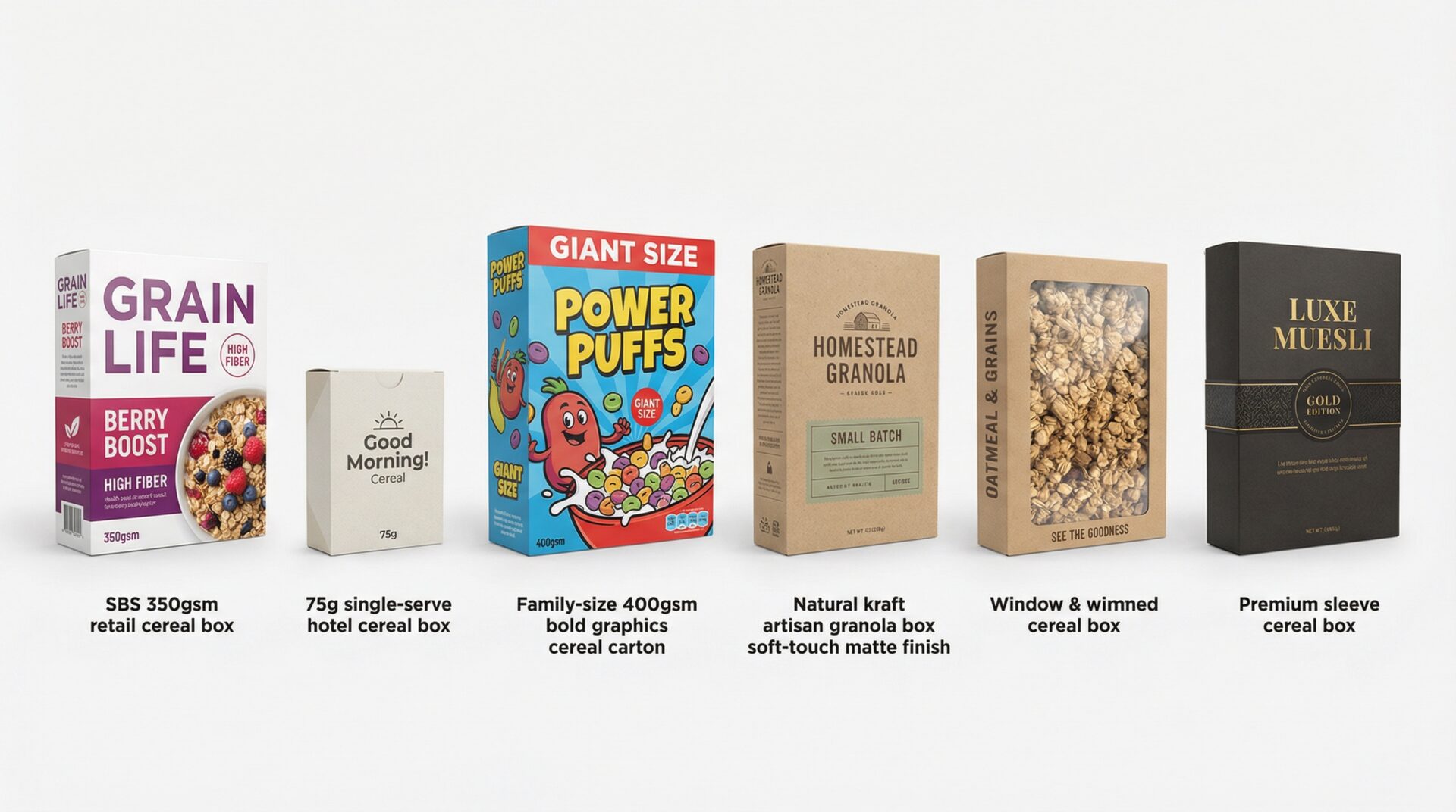 6 types of cereal boxes UK - standard retail, mini single-serve, kraft artisan, family-size, windowed and premium sleeve rigid boxes - Wabs Print
