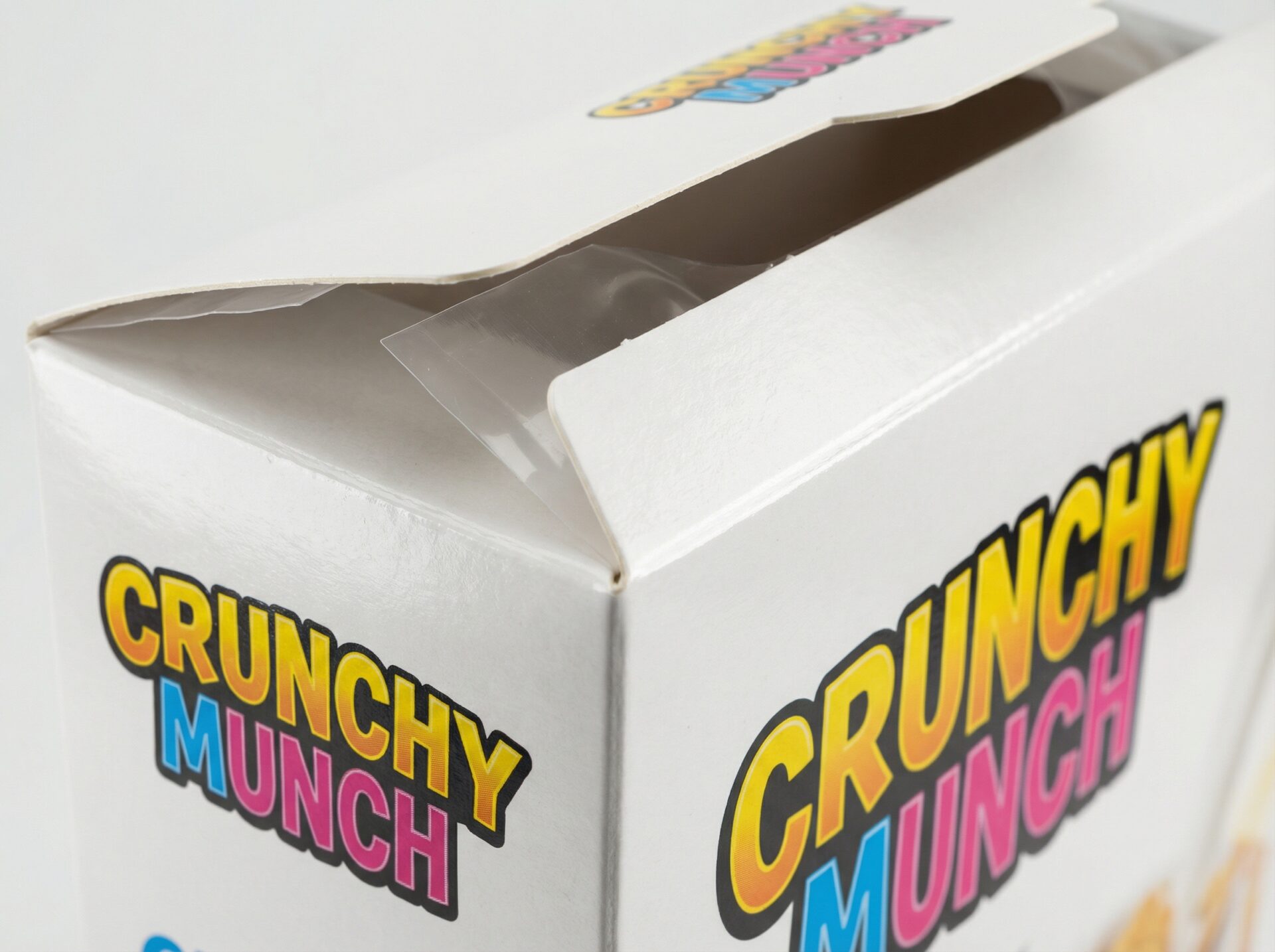 Cereal boxes UK close-up detail showing 350gsm board edge, high-quality CMYK printing, tuck-top flap and food-safe construction - Wabs Print