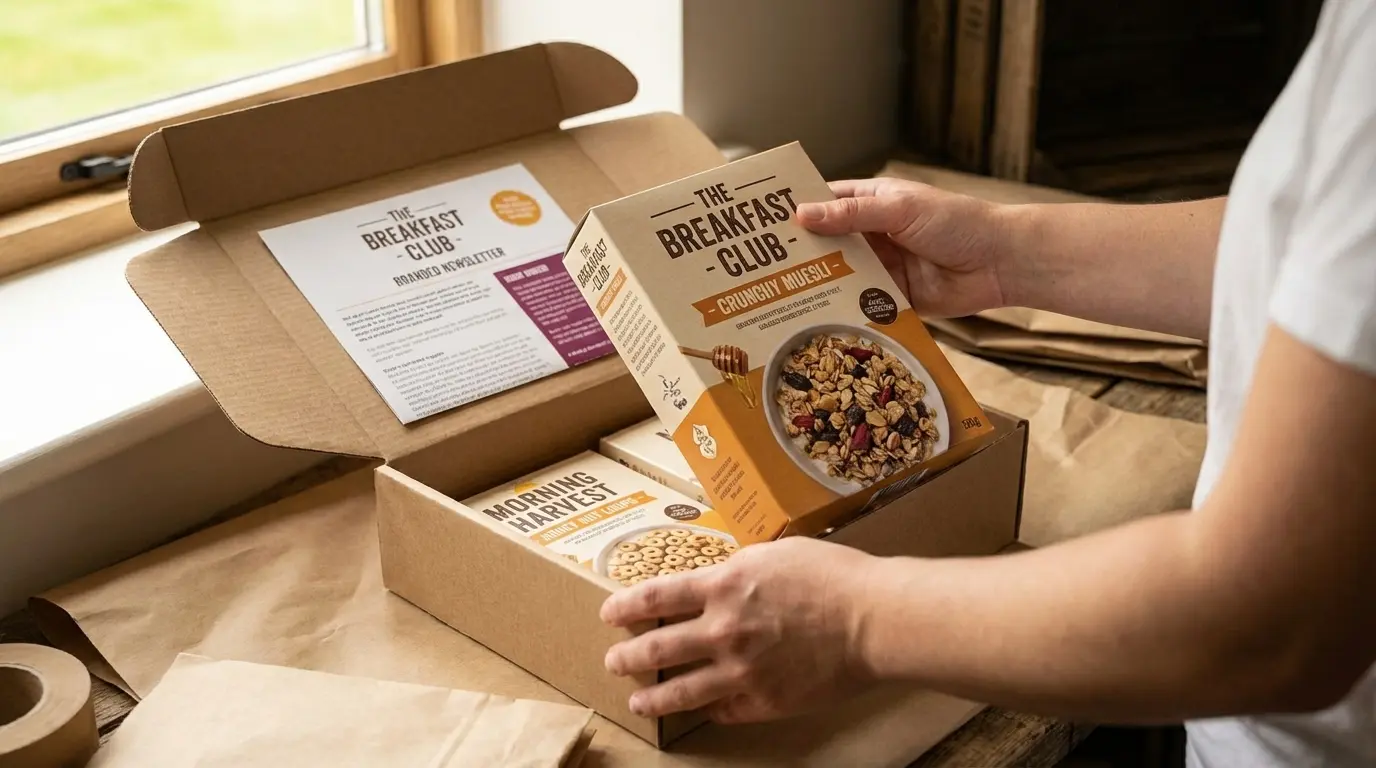 Cereal boxes UK in real use - retail shelves, D2C subscription boxes, hotel breakfast service, farm shops, sampling events and wholesale manufacturing - Wabs Print