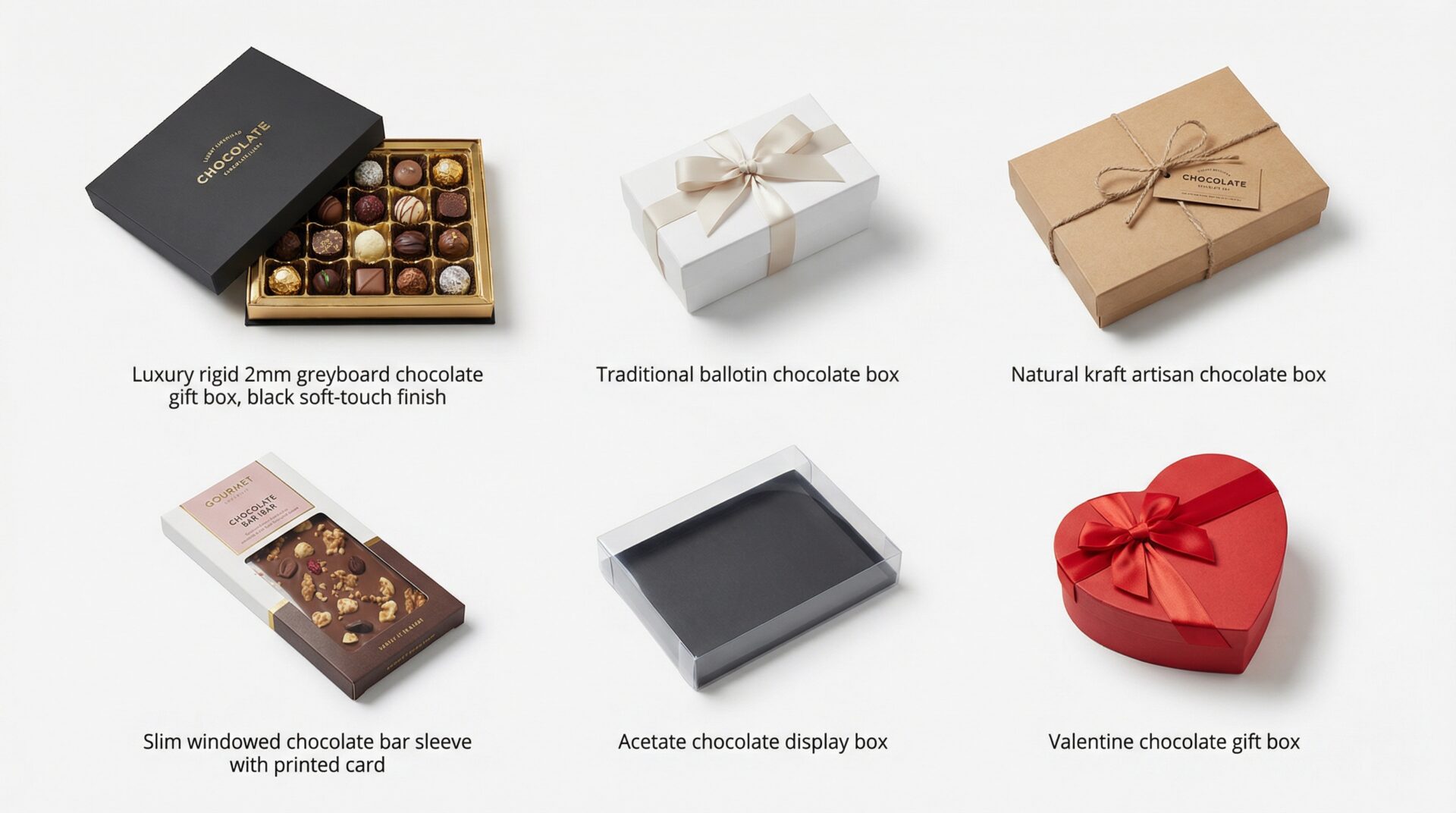 Types of chocolate boxes UK — rigid gift, ballotin, kraft, windowed, bar sleeve, seasonal - Wabs Print
