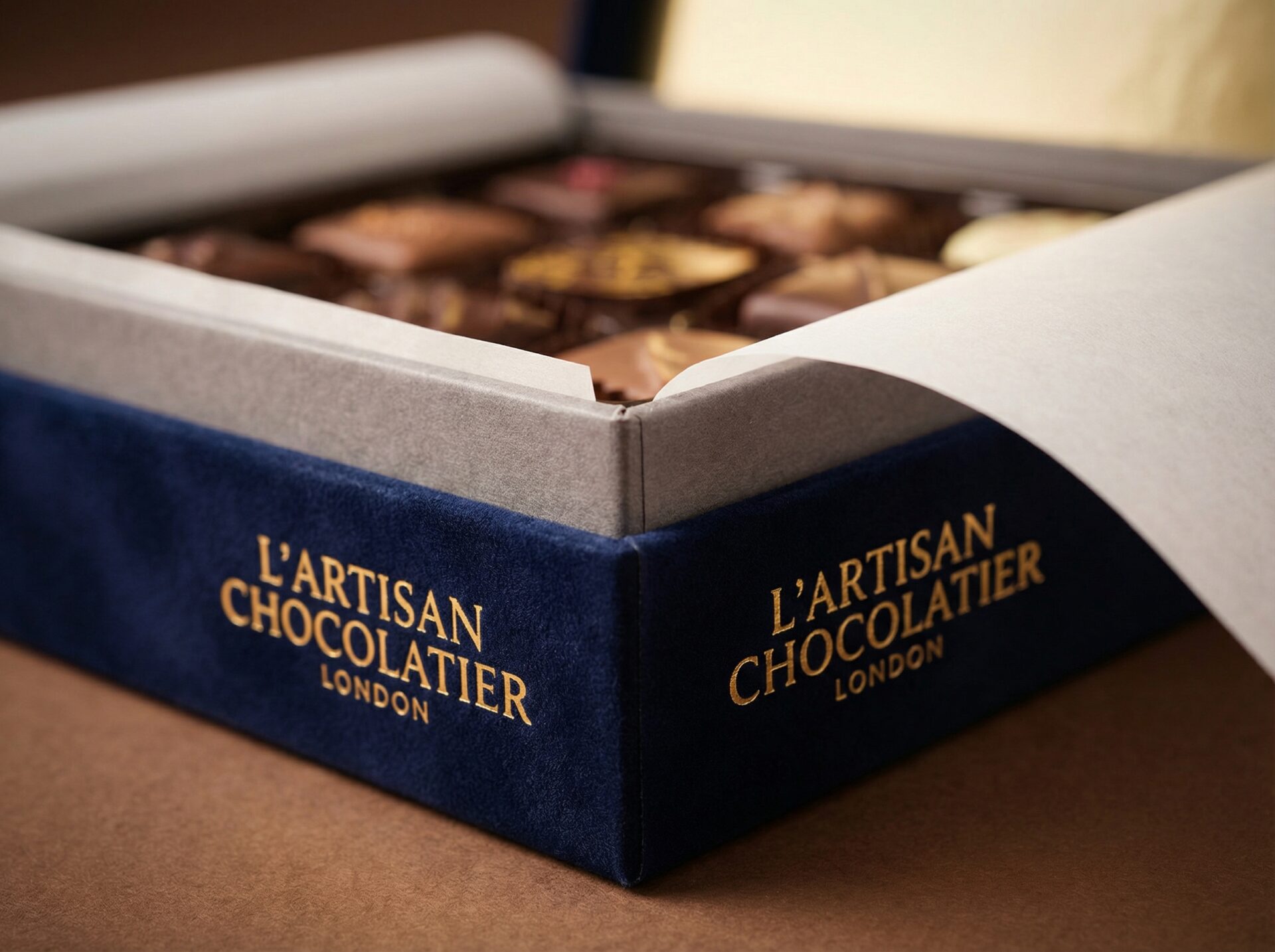 Chocolate boxes UK close-up showing rigid board construction, gold foil print and food-safe interior - Wabs Print