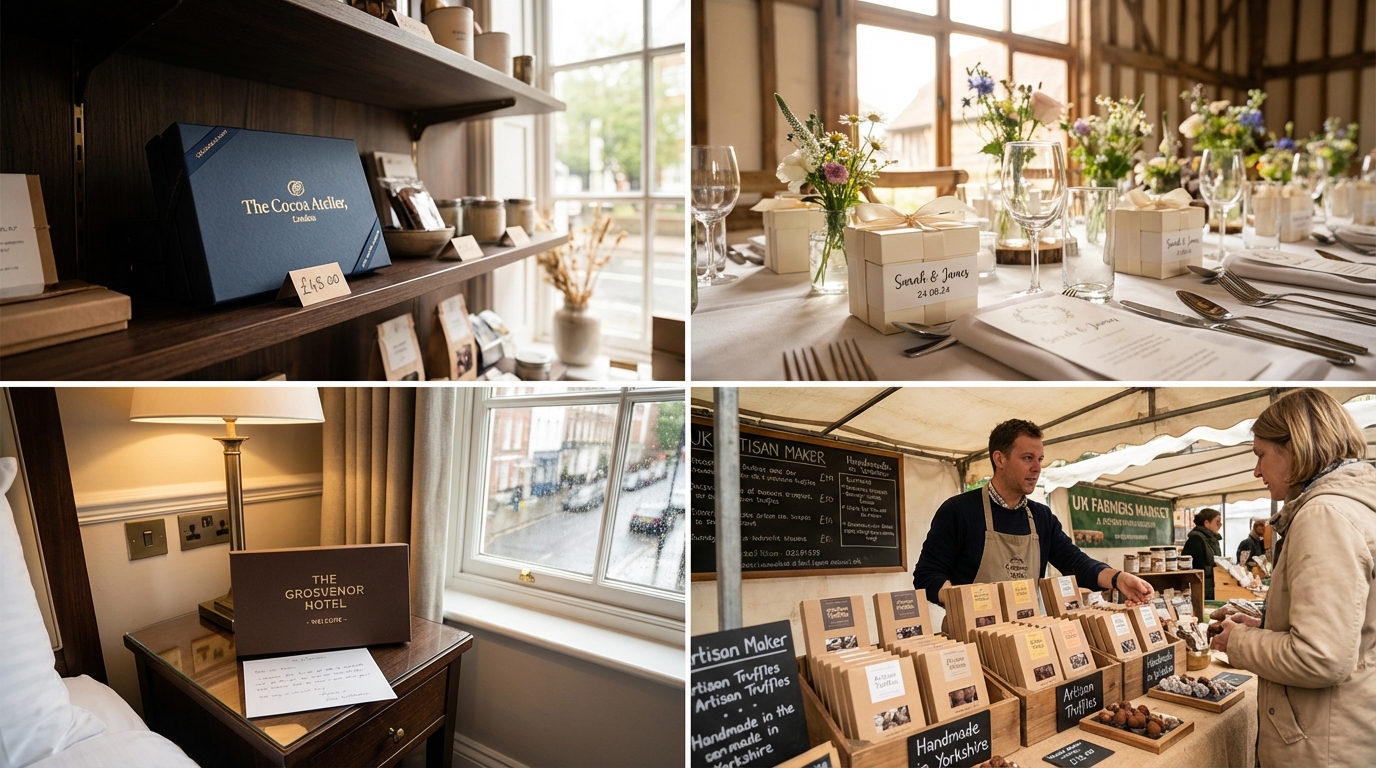 Chocolate boxes UK in real use — luxury gift shop, wedding favour, hotel amenity, artisan market - Wabs Print