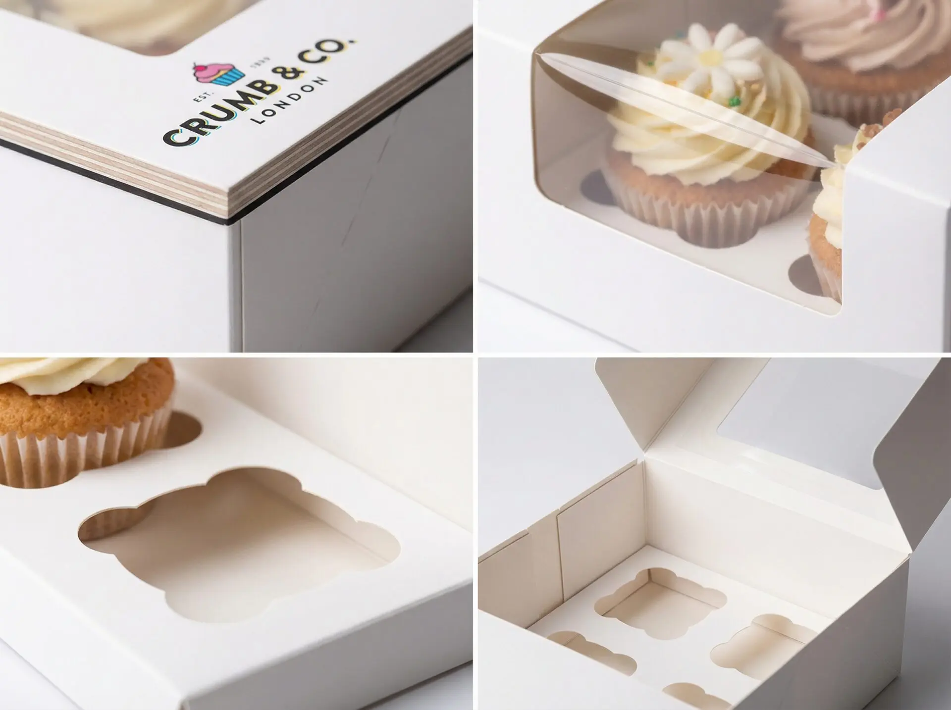 Cupcake boxes UK close-up showing precision insert cavities, food-safe board, and windowed lid design - Wabs Print