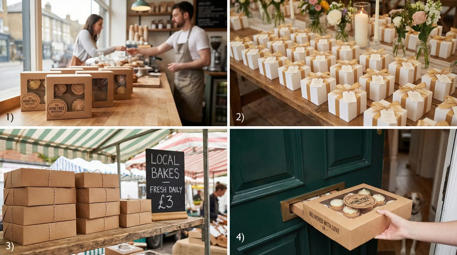 Cupcake boxes UK in use — bakery counter, wedding favour table, farmers market, online delivery - Wabs Print