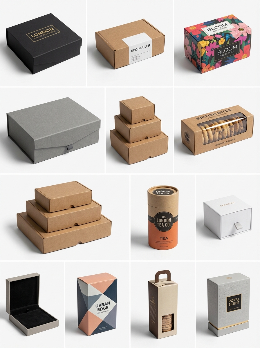 Custom packaging boxes UK showing mailer boxes, rigid boxes, retail boxes, food boxes - Wabs Print