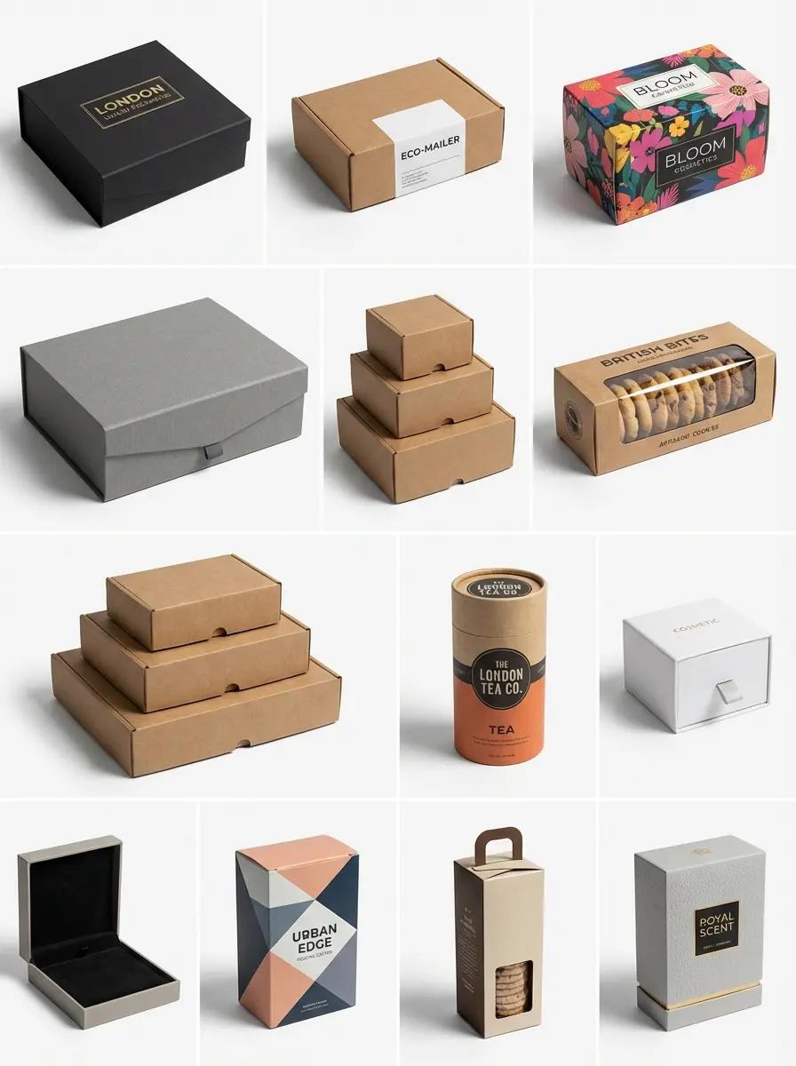 Custom packaging boxes UK showing mailer boxes, rigid boxes, retail boxes, food boxes - Wabs Print
