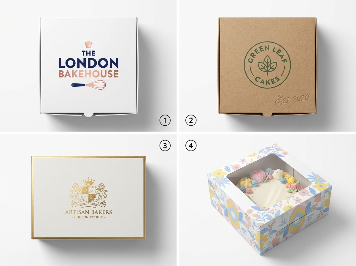 Custom printed cake boxes UK with different brand logos and finishes - Wabs Print