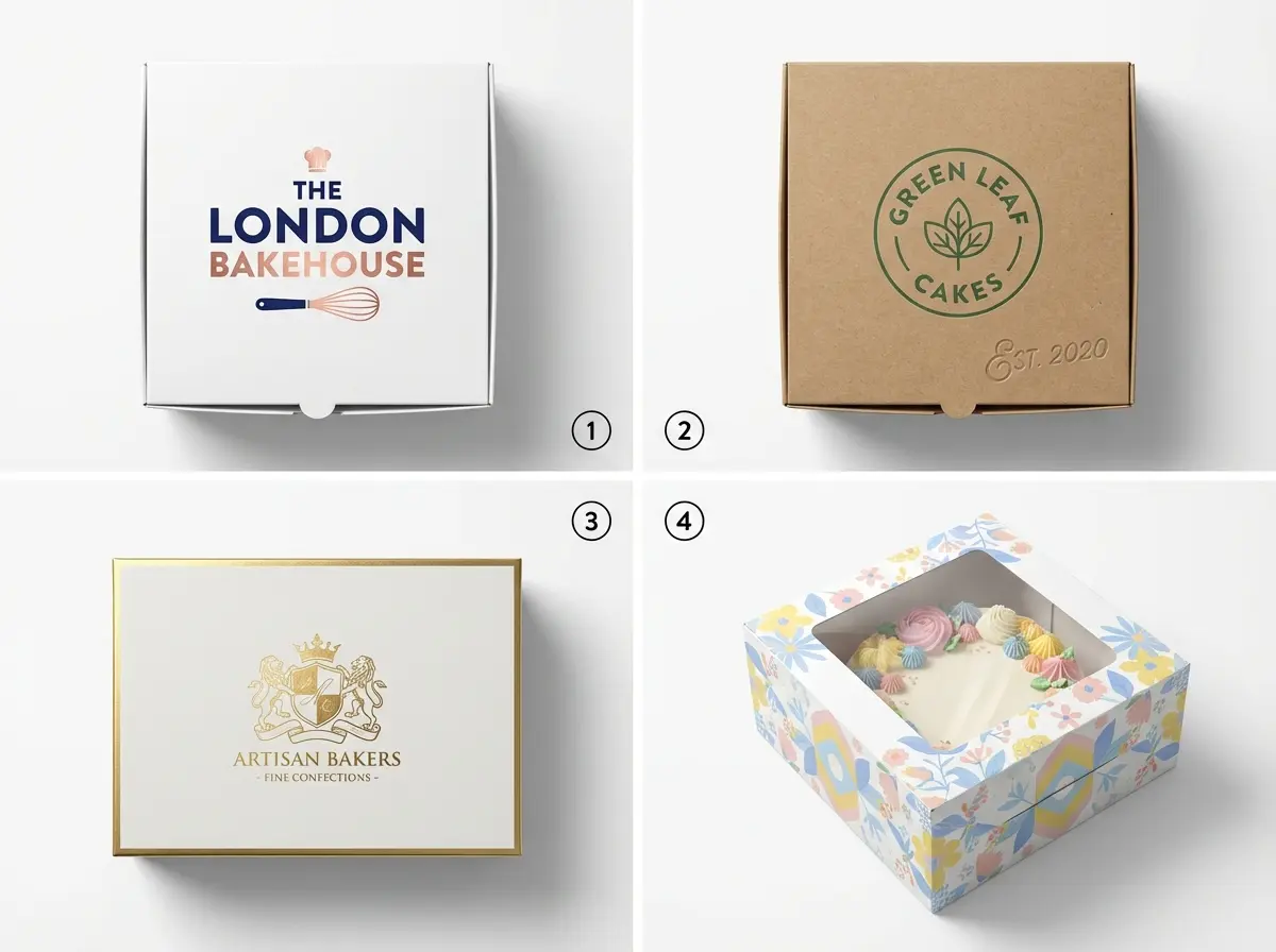 Custom printed cake boxes UK with different brand logos and finishes - Wabs Print