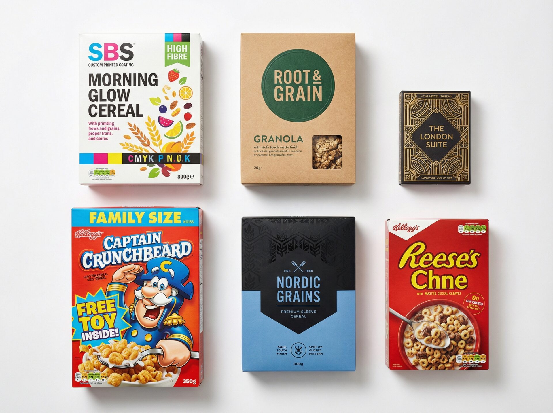 Custom printed cereal boxes UK examples with CMYK, foil, soft-touch laminate, kraft and premium sleeve finishes - Wabs Print