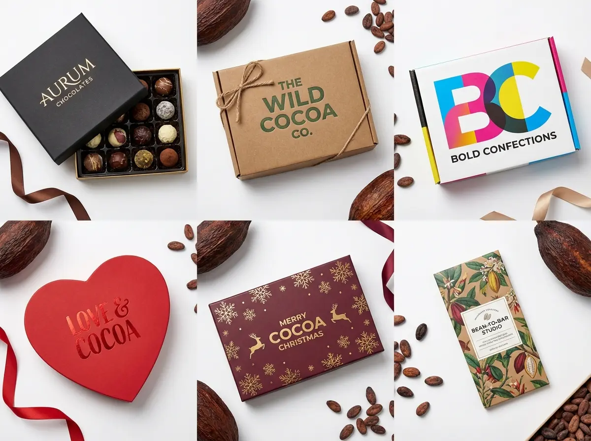 Custom printed chocolate boxes UK with CMYK, gold foil, soft-touch, kraft and rigid finishes - Wabs Print