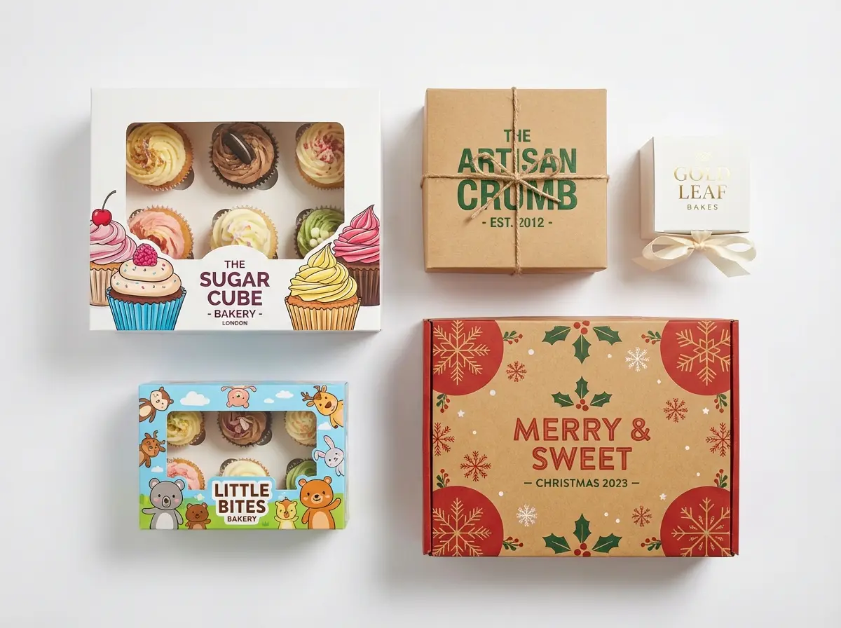 Custom printed cupcake boxes UK examples — CMYK, gold foil, kraft, windowed, branded - Wabs Print
