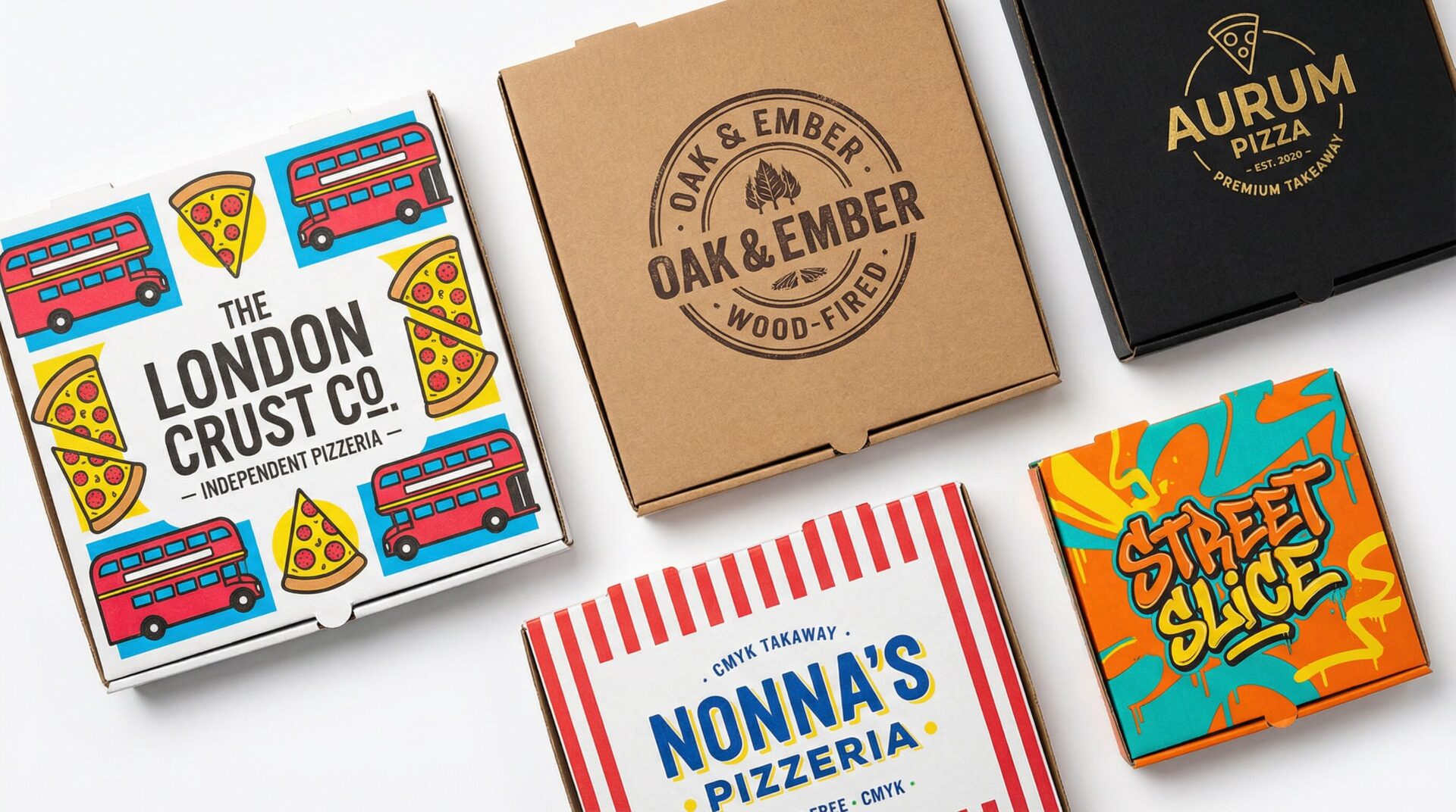 Custom printed pizza boxes UK examples — CMYK, foil, kraft, premium black, multi-brand - Wabs Print