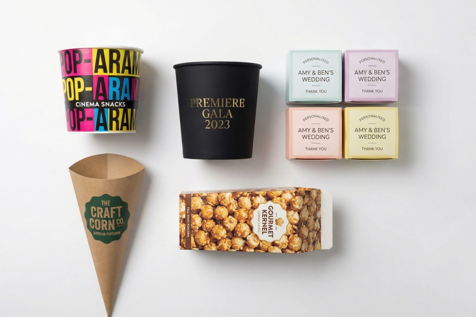 Custom printed popcorn boxes UK examples — CMYK, foil, soft-touch, kraft, branded - Wabs Print