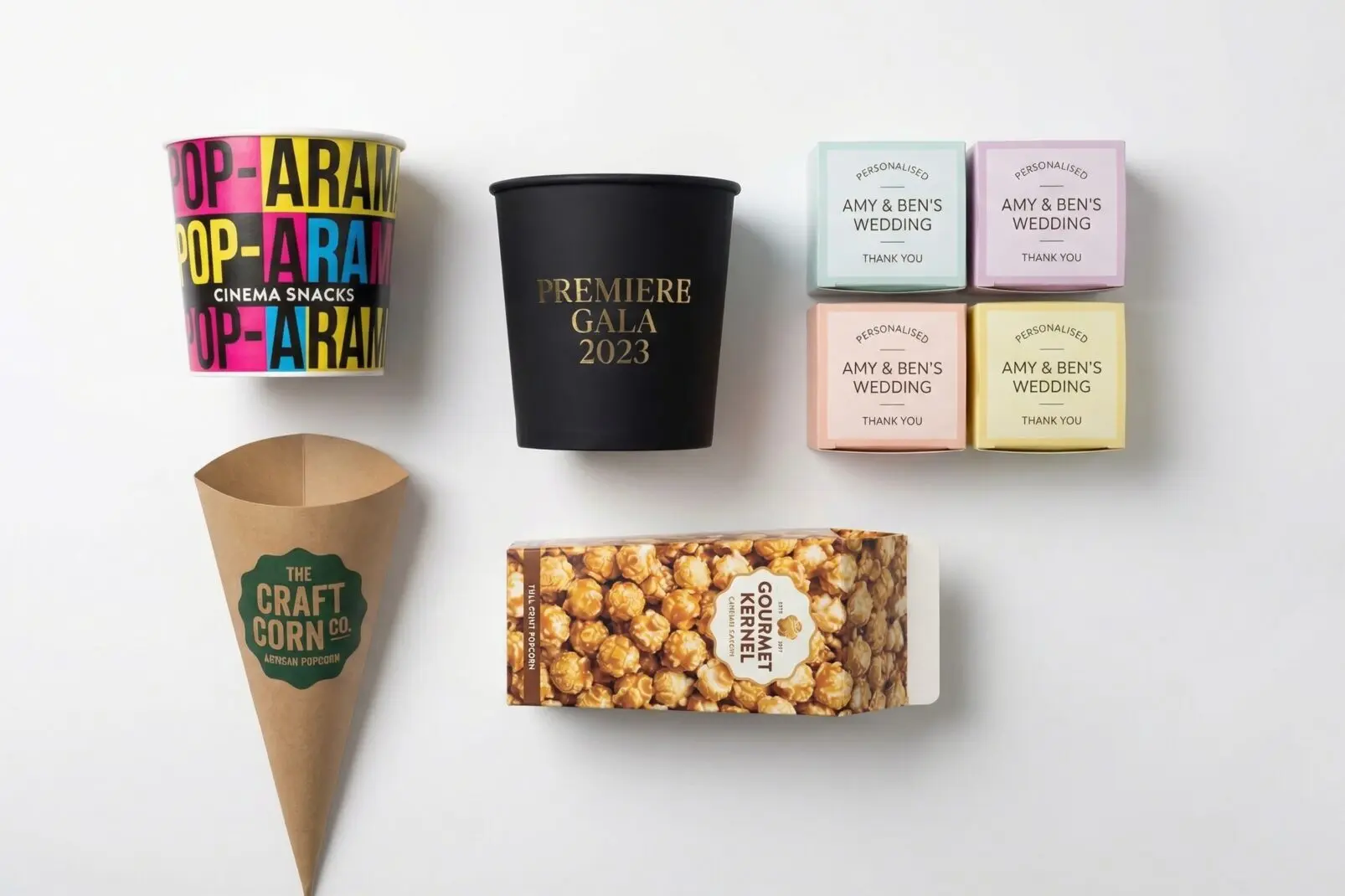 Custom printed popcorn boxes UK examples โ CMYK, foil, soft-touch, kraft, branded - Wabs Print