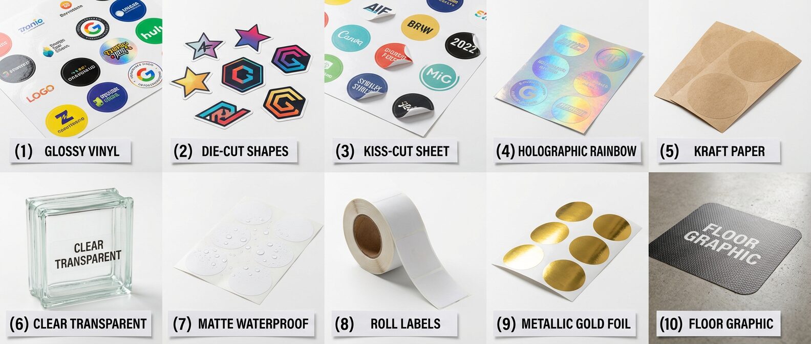 10 types of custom stickers UK - vinyl, die-cut, holographic, kraft, waterproof - Wabs Print