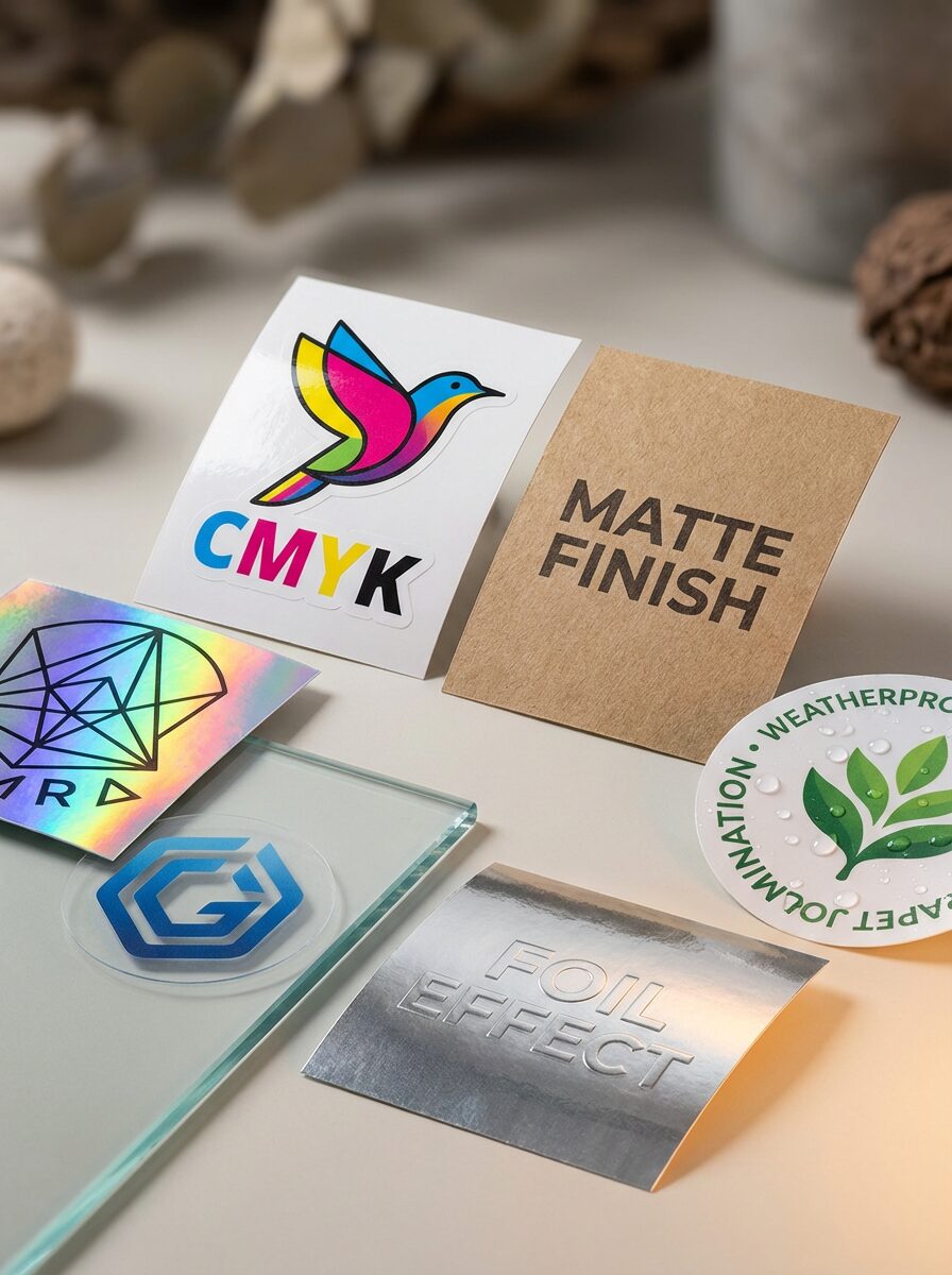 Custom sticker materials UK - vinyl, kraft, holographic, clear, waterproof finishes - Wabs Print