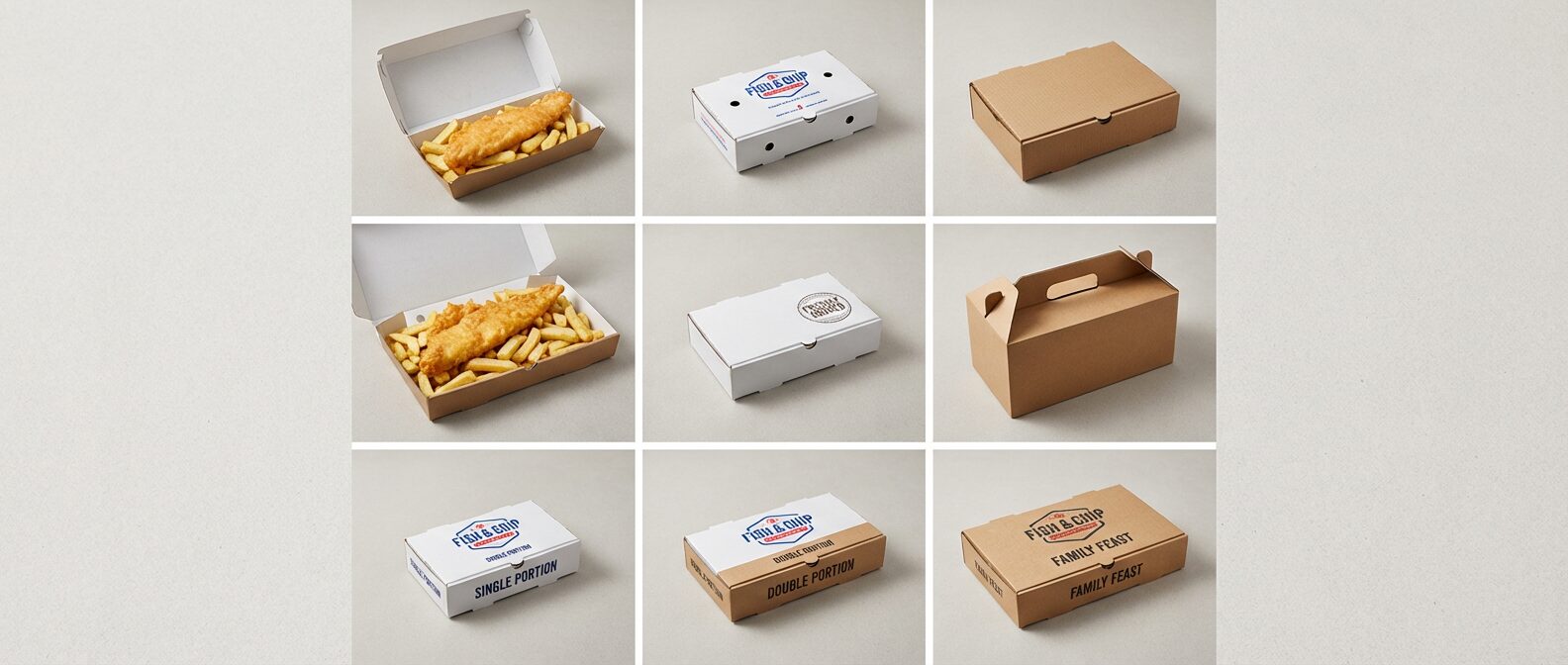 Different types of fish and chip boxes UK - open trays and closed boxes - Wabs Print