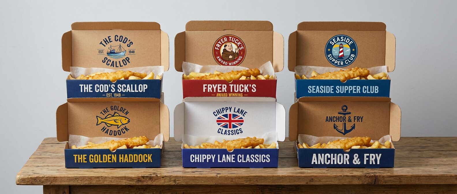 Custom branded fish and chip boxes with UK chippy logos - Wabs Print