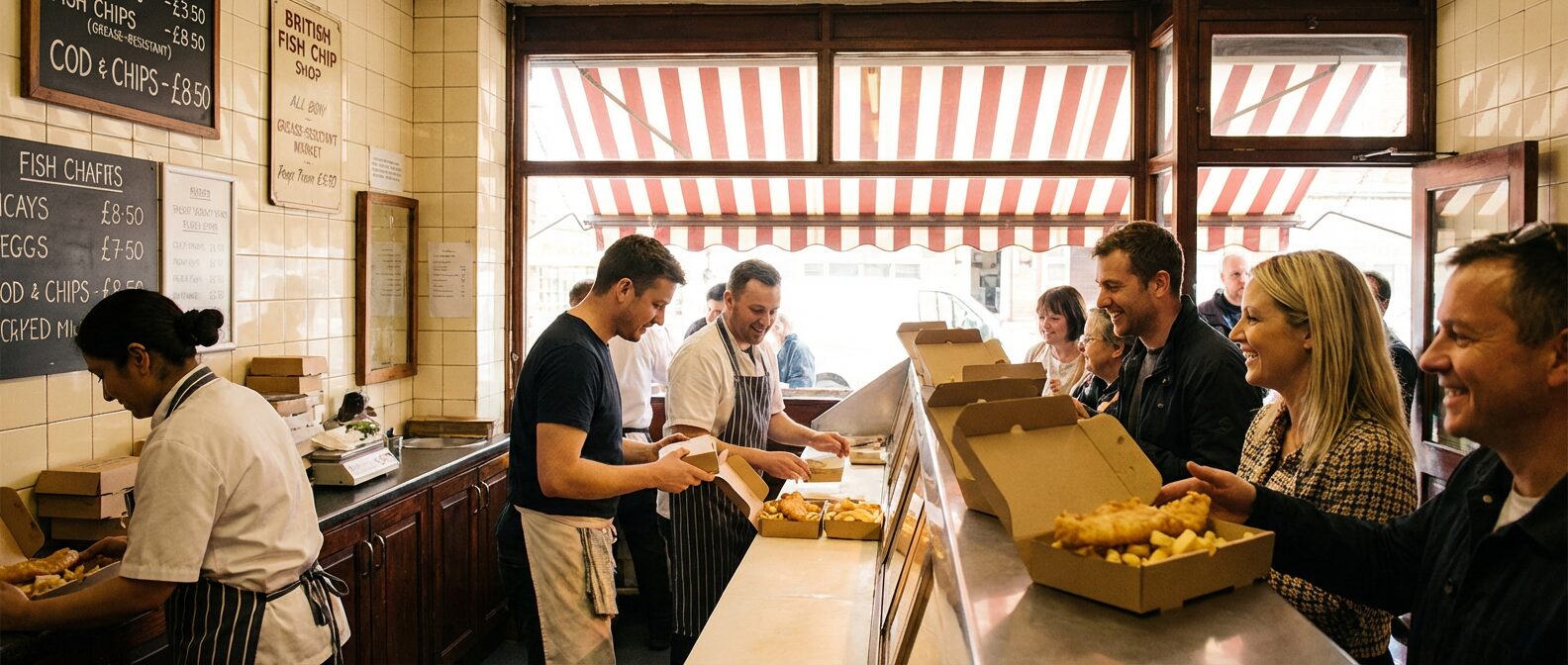 Fish and chip boxes being used in UK chip shop - Wabs Print
