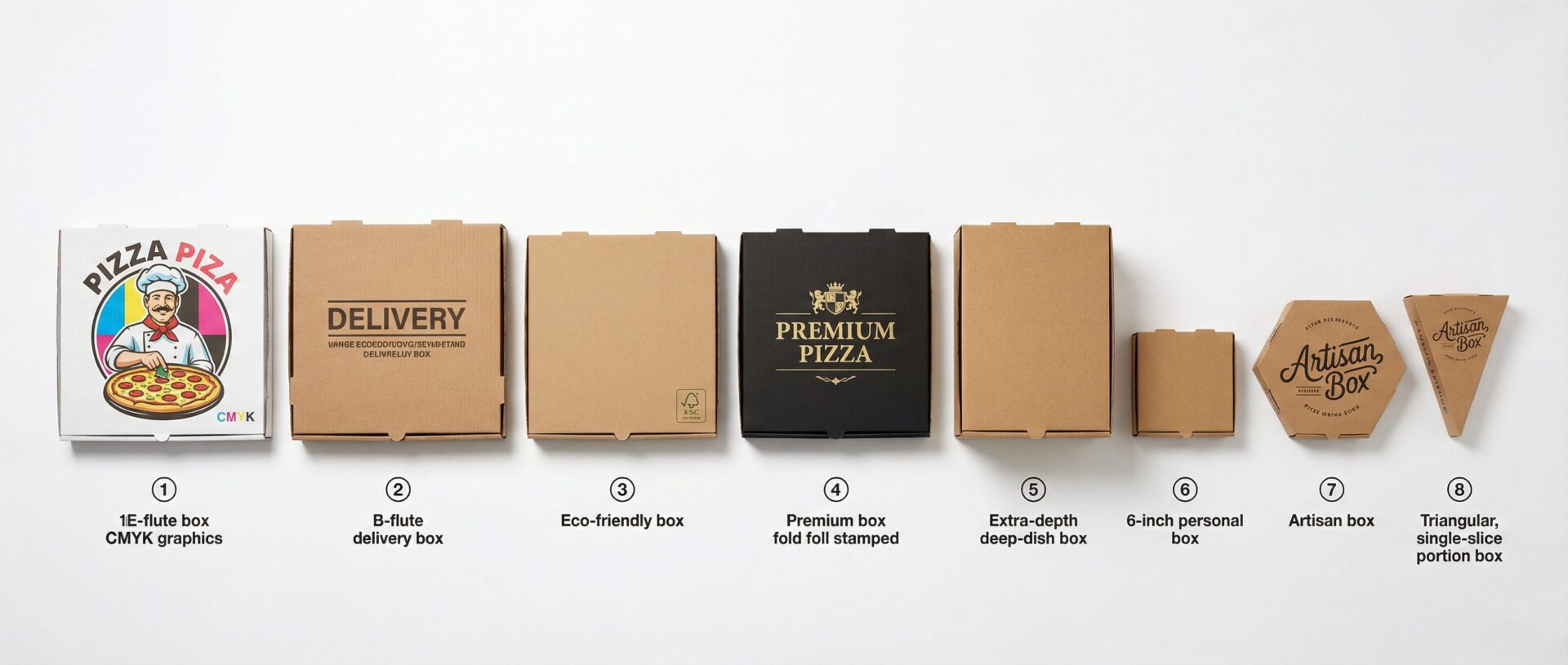 Types of pizza boxes UK — E-flute, B-flute, kraft eco, premium, deep-dish, mini, hexagonal - Wabs Print