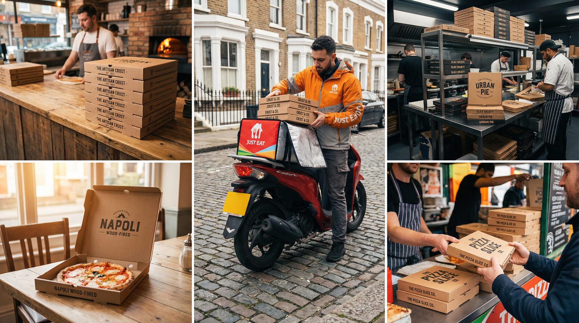 Pizza boxes UK in use — independent pizzeria, delivery app, dark kitchen, artisan pizza restaurant - Wabs Print