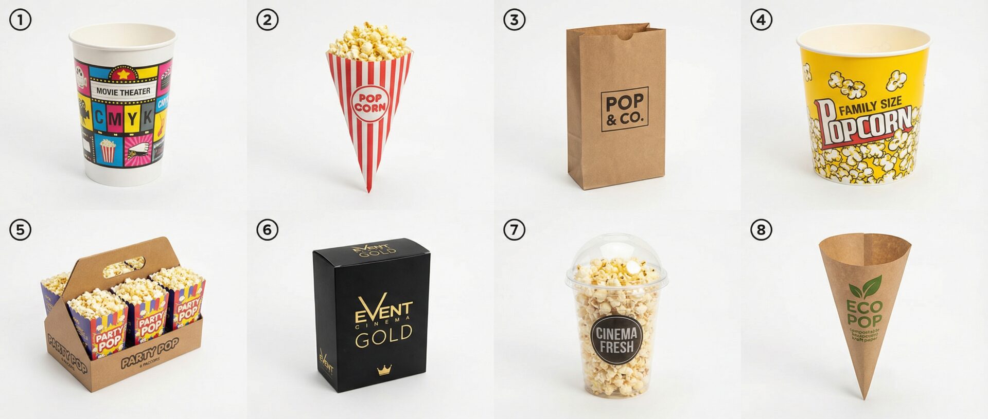 Types of popcorn boxes UK — cinema tub, cone, flat-bottom, kraft, mini, premium - Wabs Print