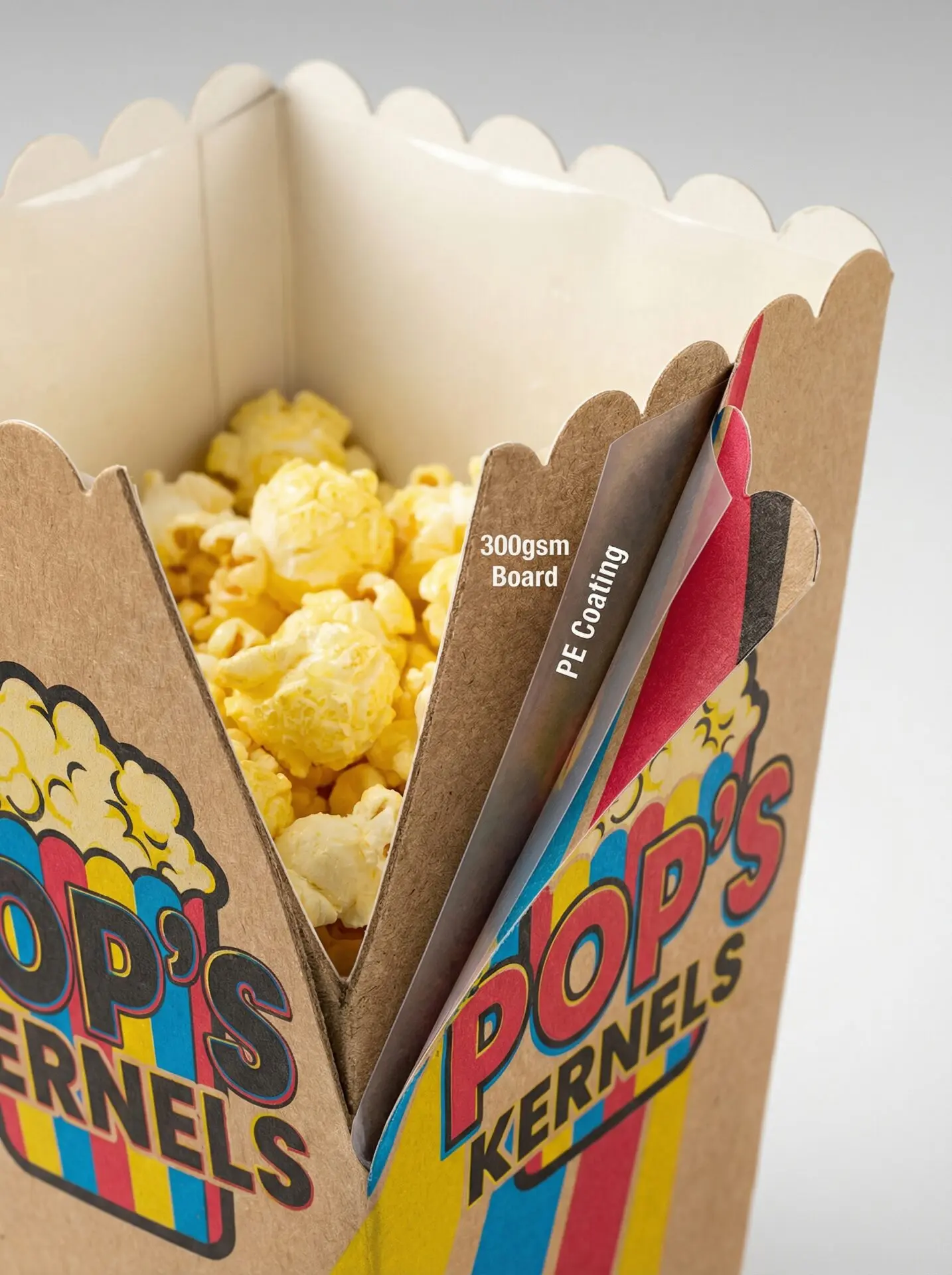 Custom popcorn box UK close-up showing grease-resistant board and CMYK print quality - Wabs Print