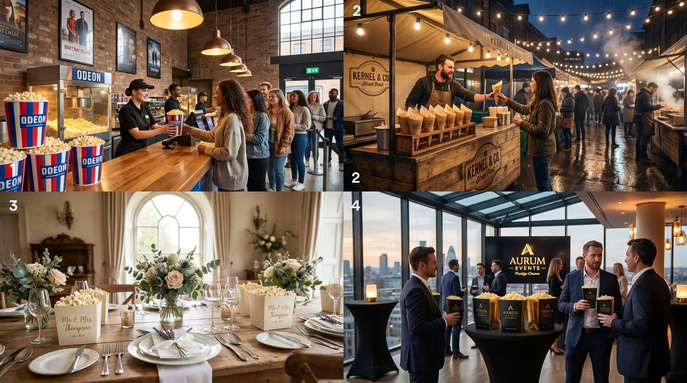 Popcorn boxes UK in use — cinema, street food market, wedding event, brand activation - Wabs Print