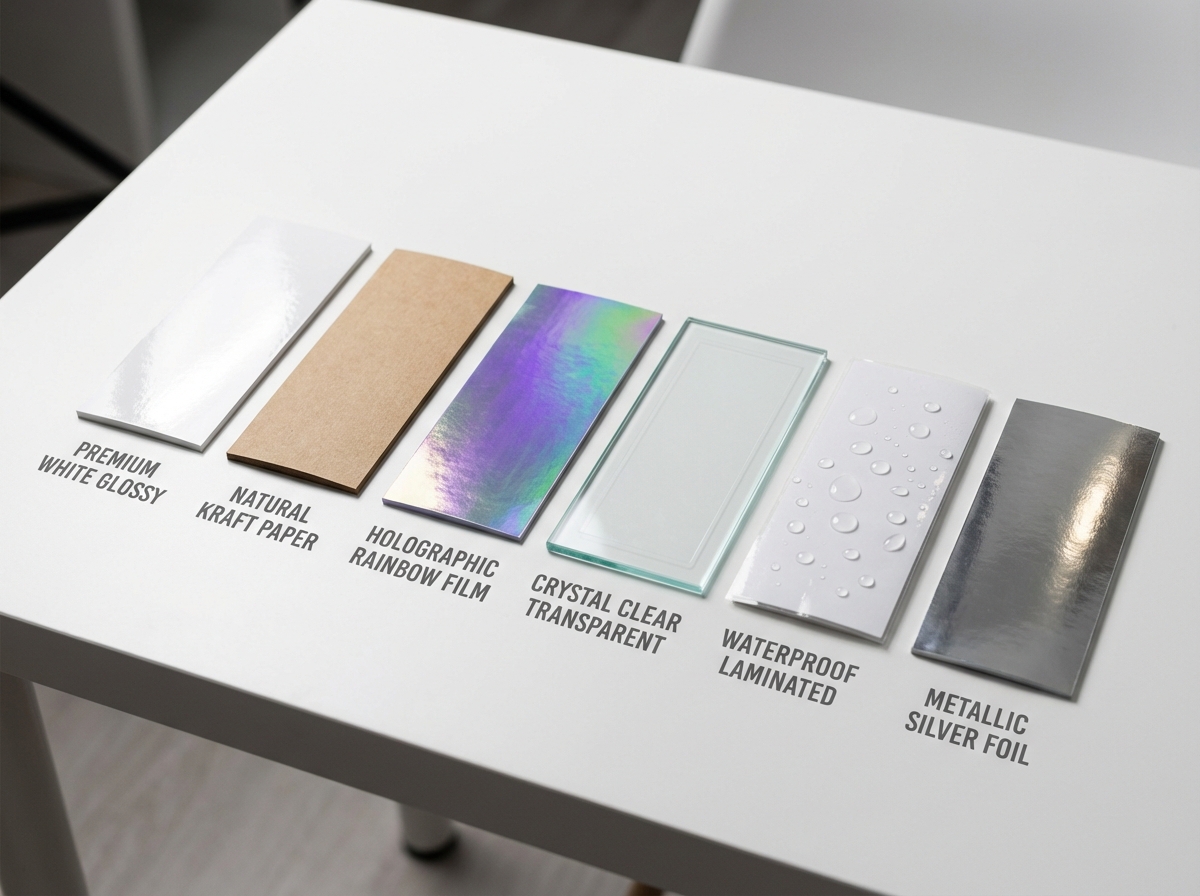 Custom sticker materials comparison - vinyl, kraft, holographic, clear, waterproof - Wabs Print UK