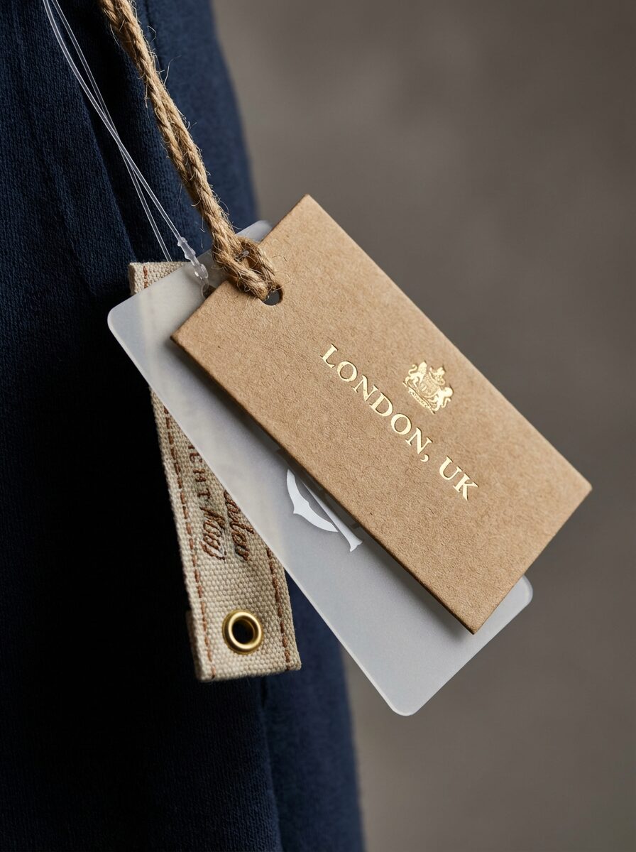 Premium swing tags UK materials including kraft, PVC, woven, foil finishes - Wabs Print