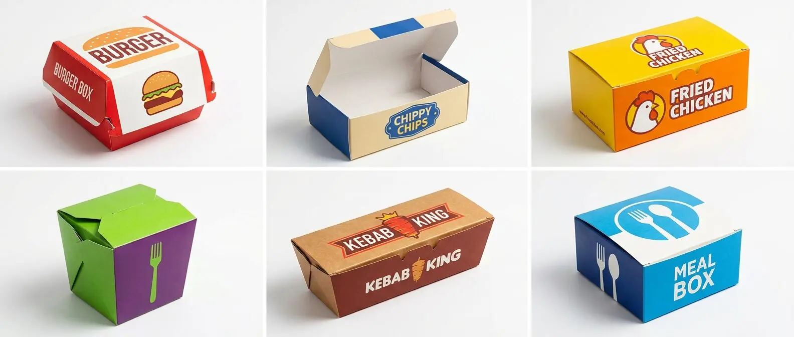 Different types of takeaway boxes UK - burger boxes, chip boxes, fried chicken boxes - Wabs Print