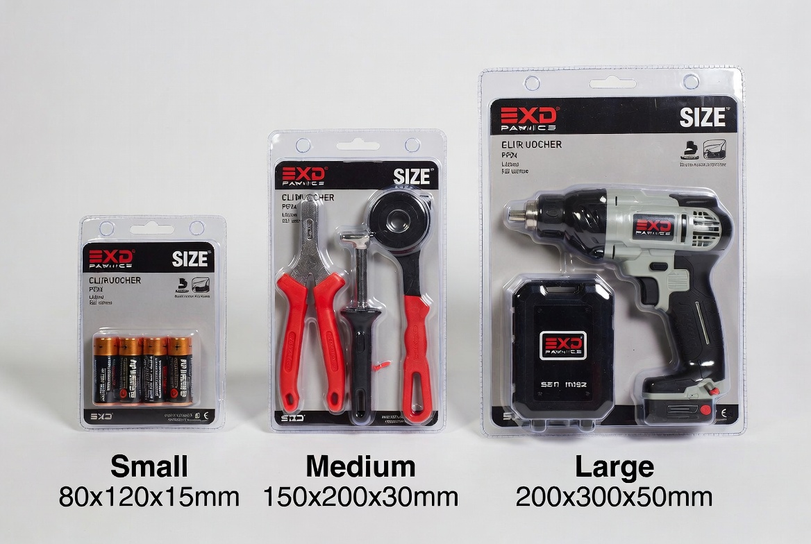 Blister packaging UK size comparison - Small (batteries), Medium (tools), Large (power tools)