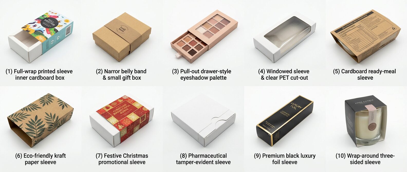10 types of sleeve boxes UK — full wrap, belly band, drawer, windowed, food, kraft, promotional, pharmaceutical, luxury, wrap-around