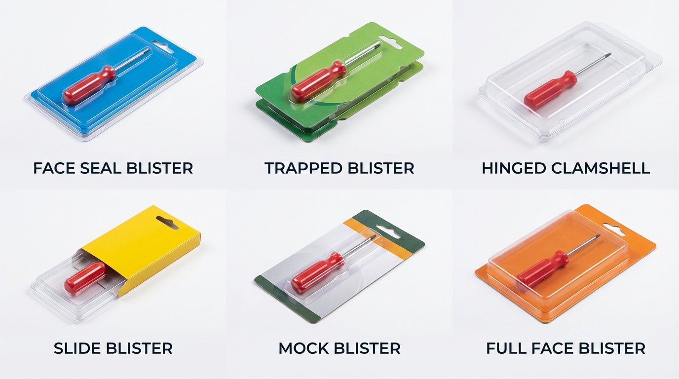 Blister packaging types UK comparison - Face Seal, Trapped, Clamshell, Slide, Mock, Full Face