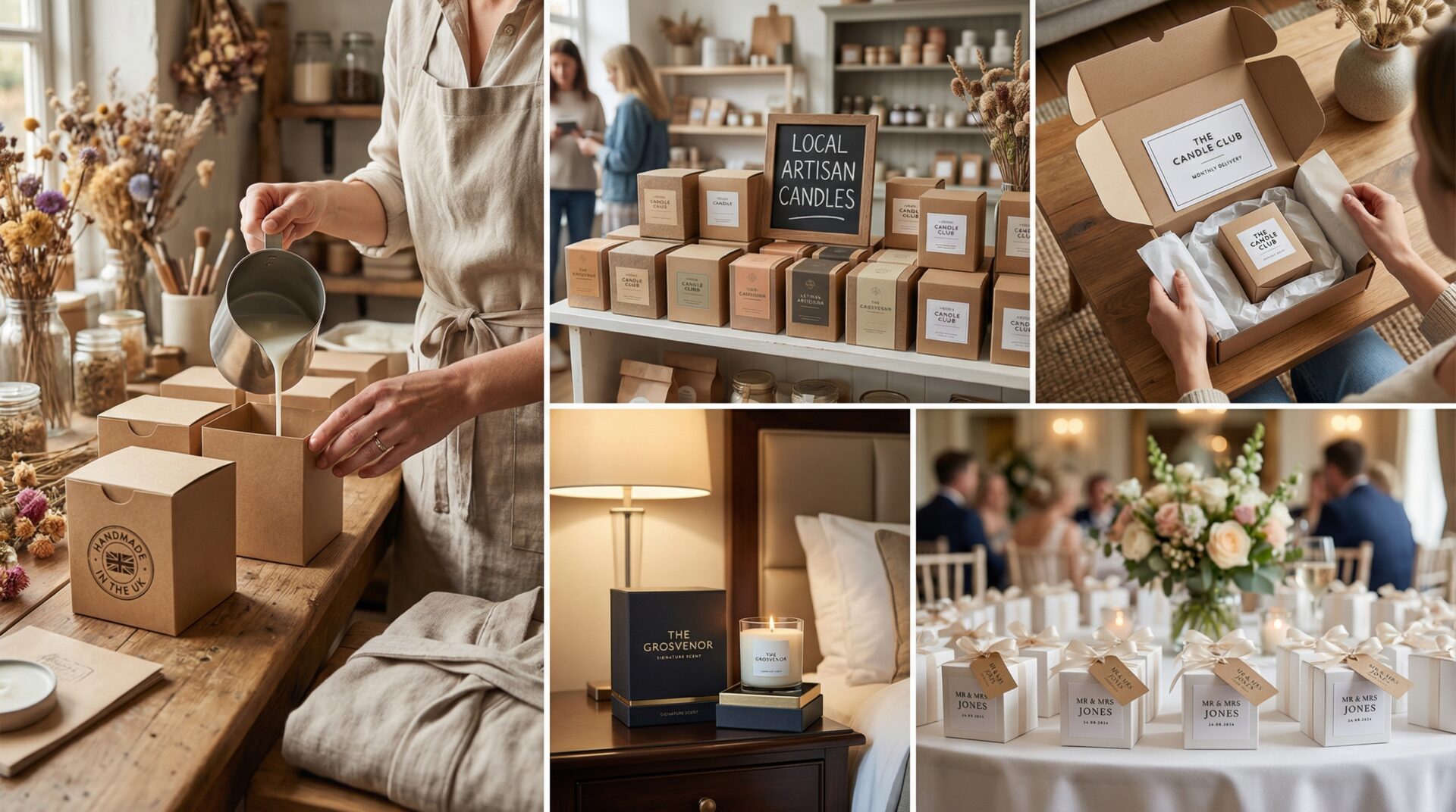 Candle boxes UK across industries — indie maker, retail, D2C subscription, hotel, wedding