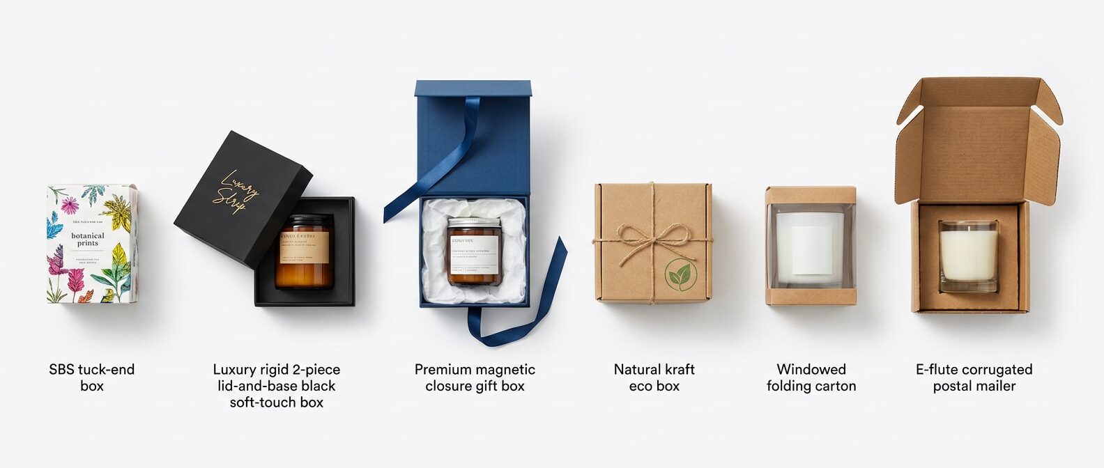 6 types of candle boxes UK — tuck-end, rigid lid-base, magnetic, kraft, windowed, postal mailer
