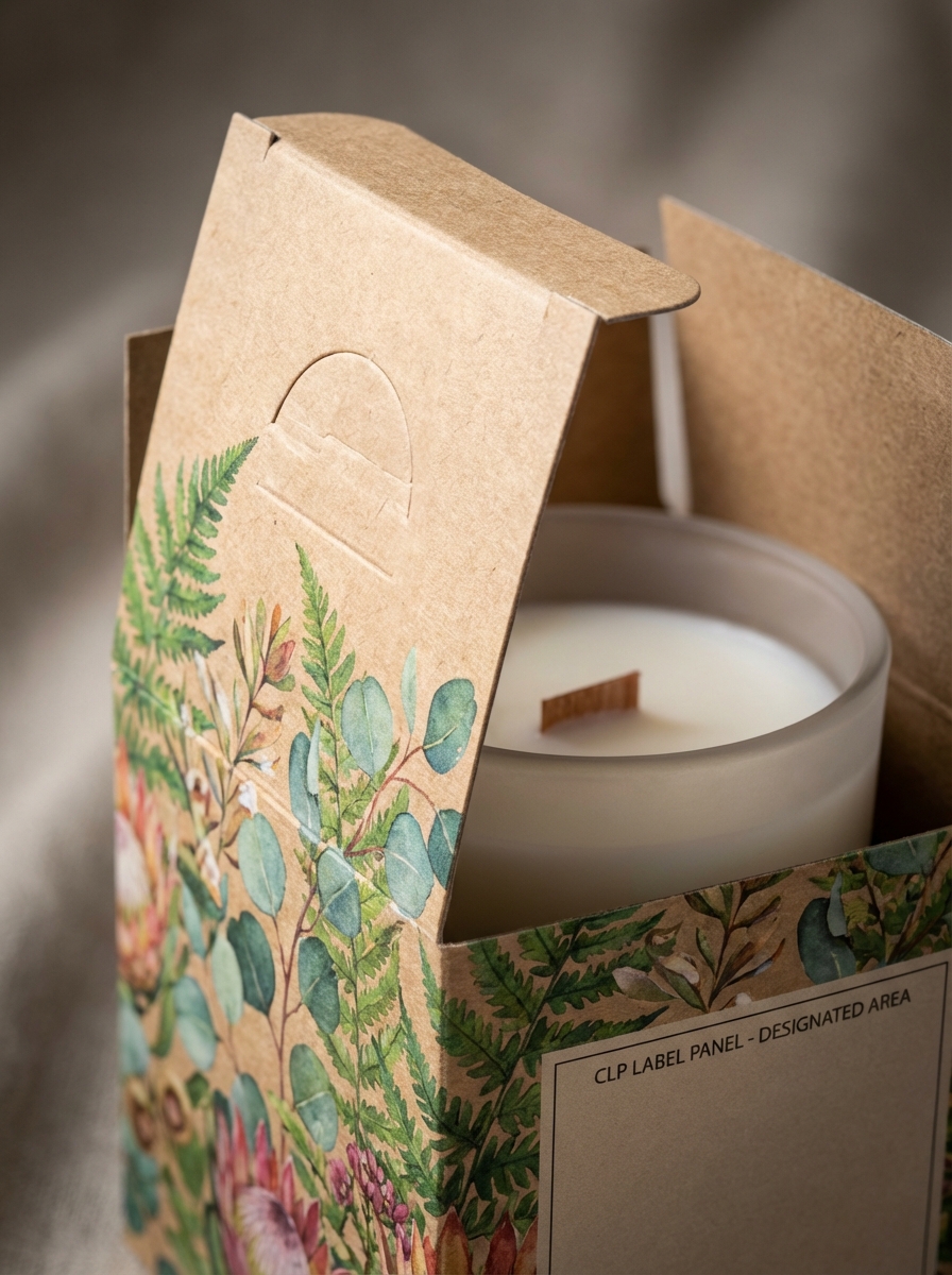 Custom candle box UK close-up showing 350gsm board, CLP label panel and CMYK print quality