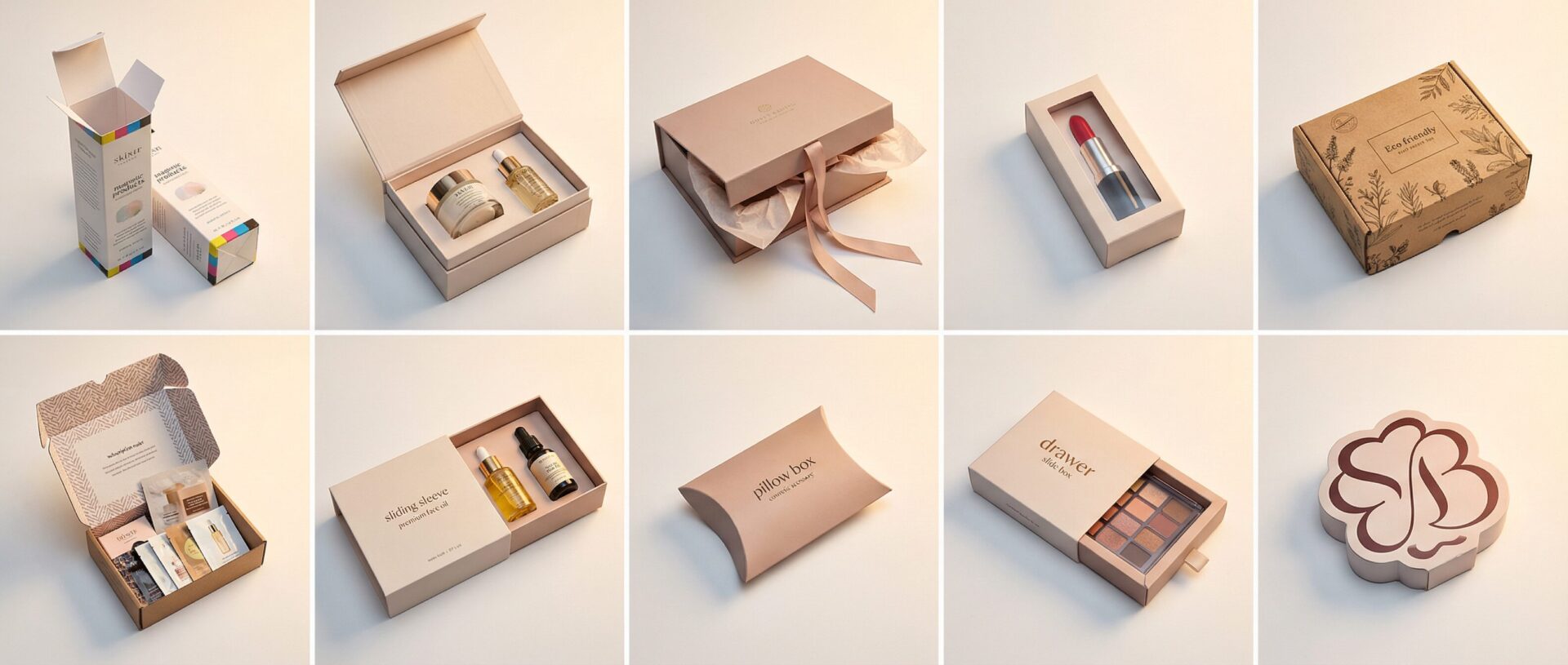 10 types of cosmetic boxes UK — tuck-end, rigid, magnetic, windowed, kraft, subscription, sleeve, pillow, drawer, die-cut