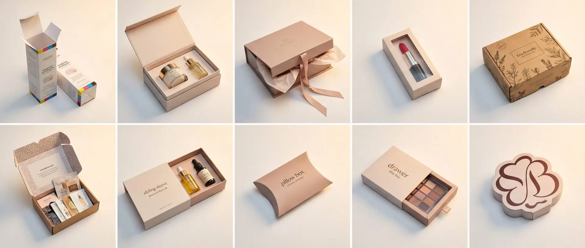10 types of cosmetic boxes UK — tuck-end, rigid, magnetic, windowed, kraft, subscription, sleeve, pillow, drawer, die-cut